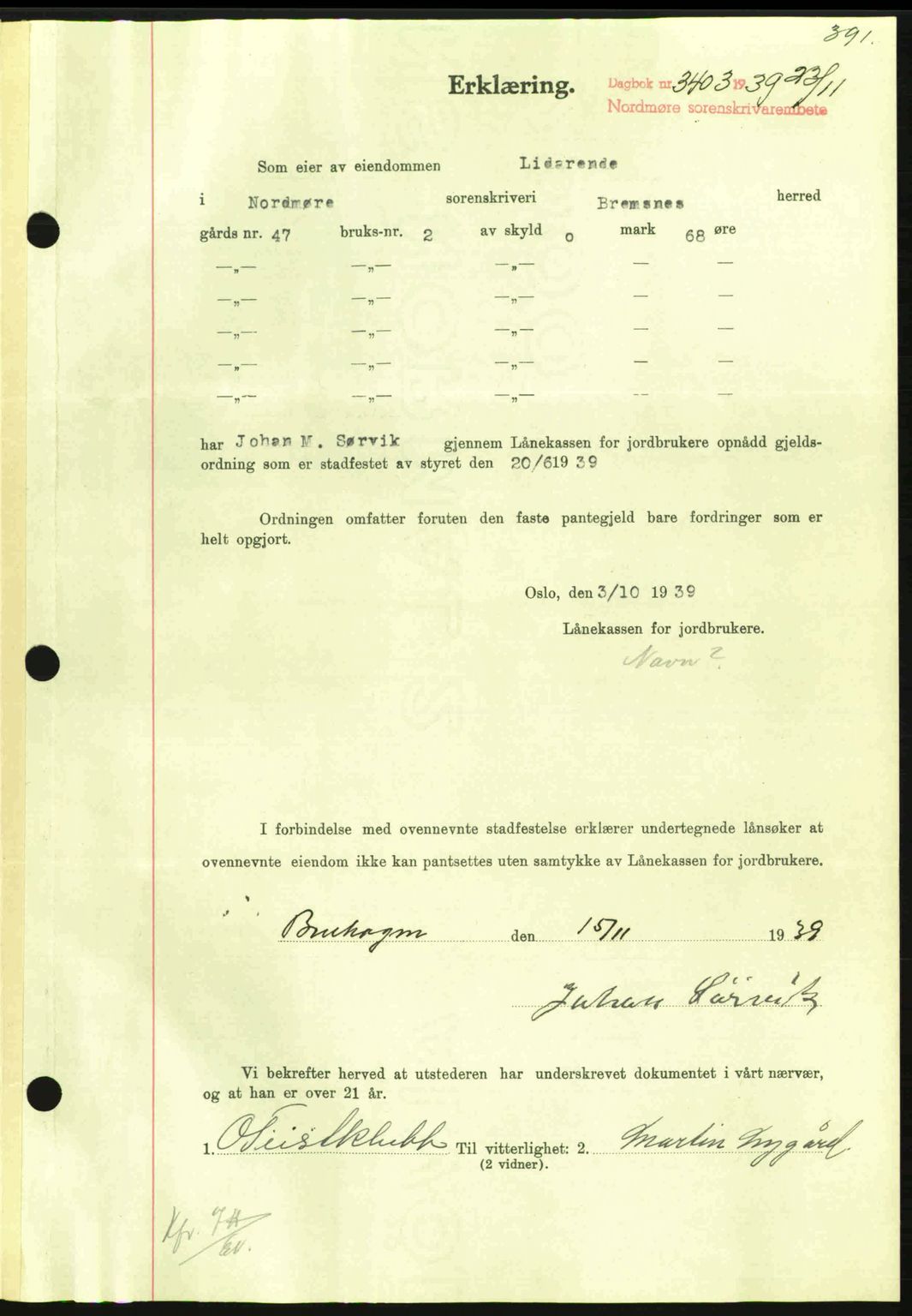 Nordmøre sorenskriveri, AV/SAT-A-4132/1/2/2Ca: Pantebok nr. B86, 1939-1940, Dagboknr: 3403/1939