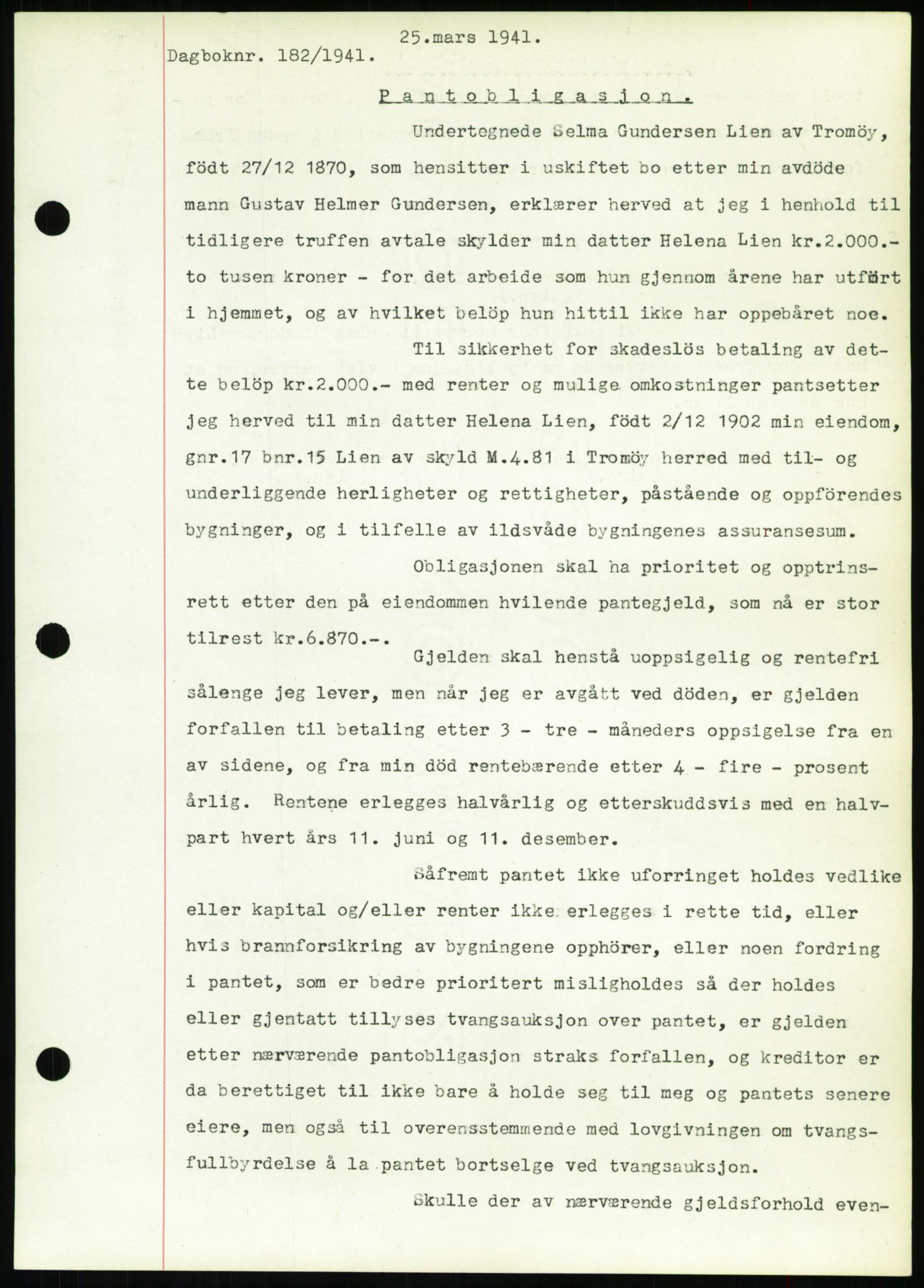 Nedenes sorenskriveri, SAK/1221-0006/G/Gb/Gbb/L0001: Pantebok nr. I, 1939-1942, Dagboknr: 182/1941