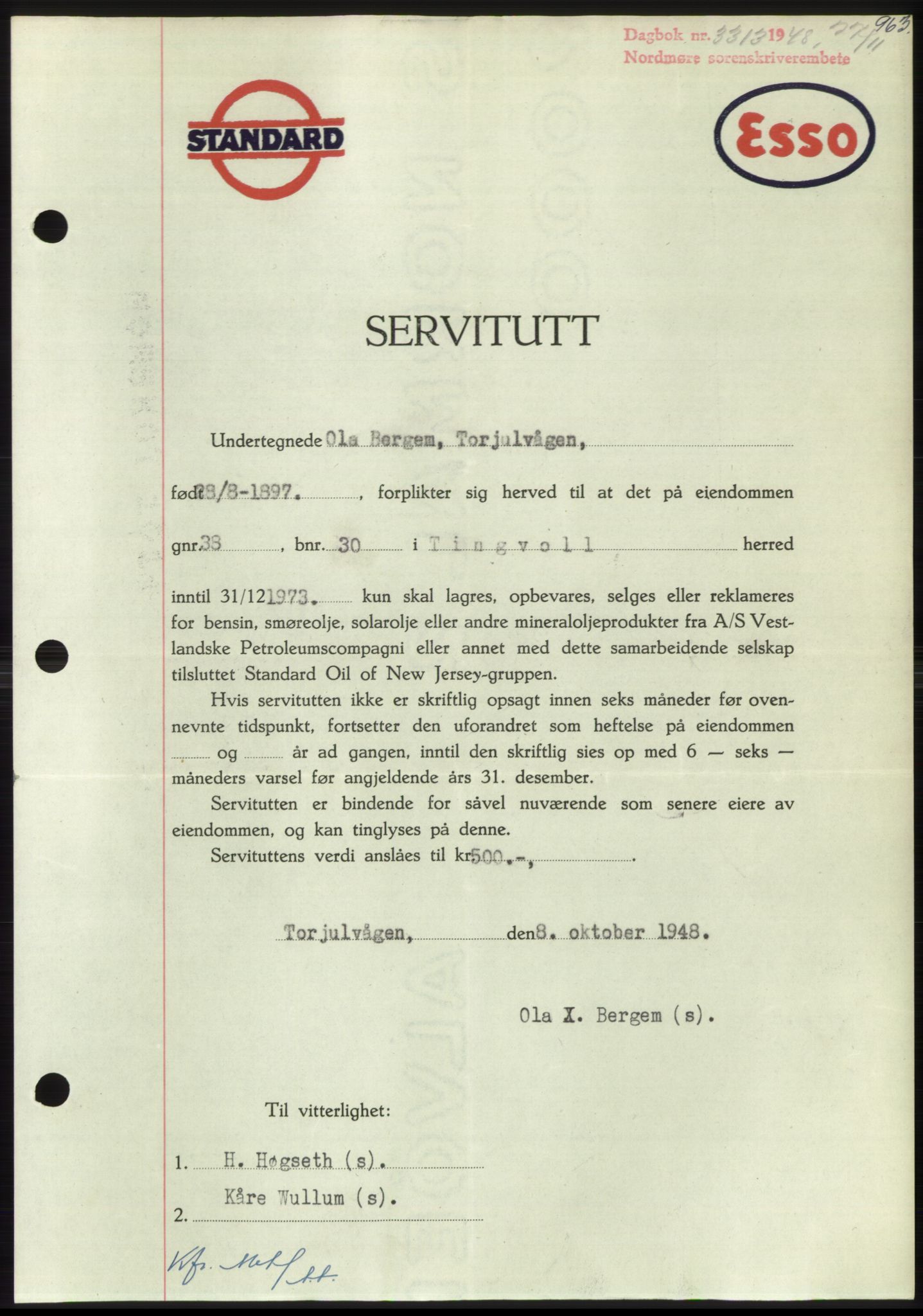 Nordmøre sorenskriveri, SAT/A-4132/1/2/2Ca: Pantebok nr. B100, 1948-1949, Dagboknr: 3313/1948