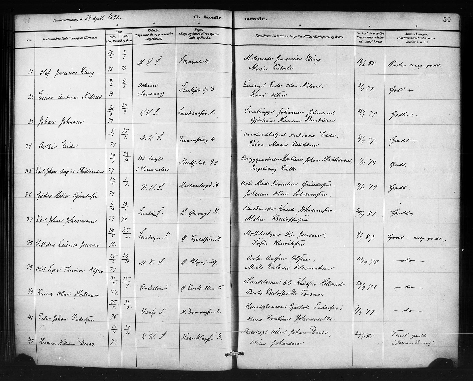 Korskirken sokneprestembete, AV/SAB-A-76101/H/Haa/L0071: Residerende kapellans bok nr. A 6, 1885-1912, s. 50