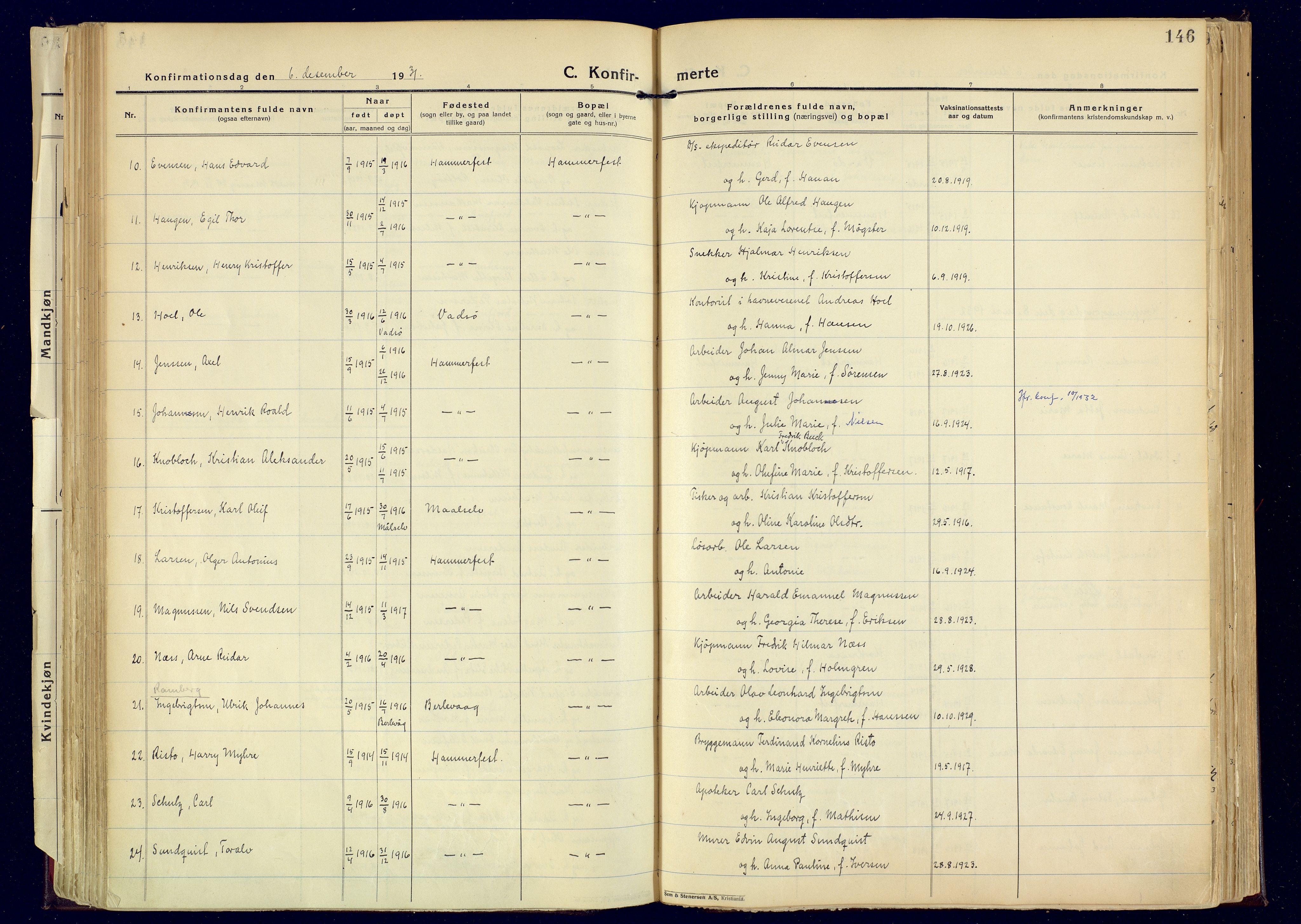 Hammerfest sokneprestkontor, AV/SATØ-S-1347/H/Ha/L0017.kirke: Ministerialbok nr. 17, 1923-1933, s. 146