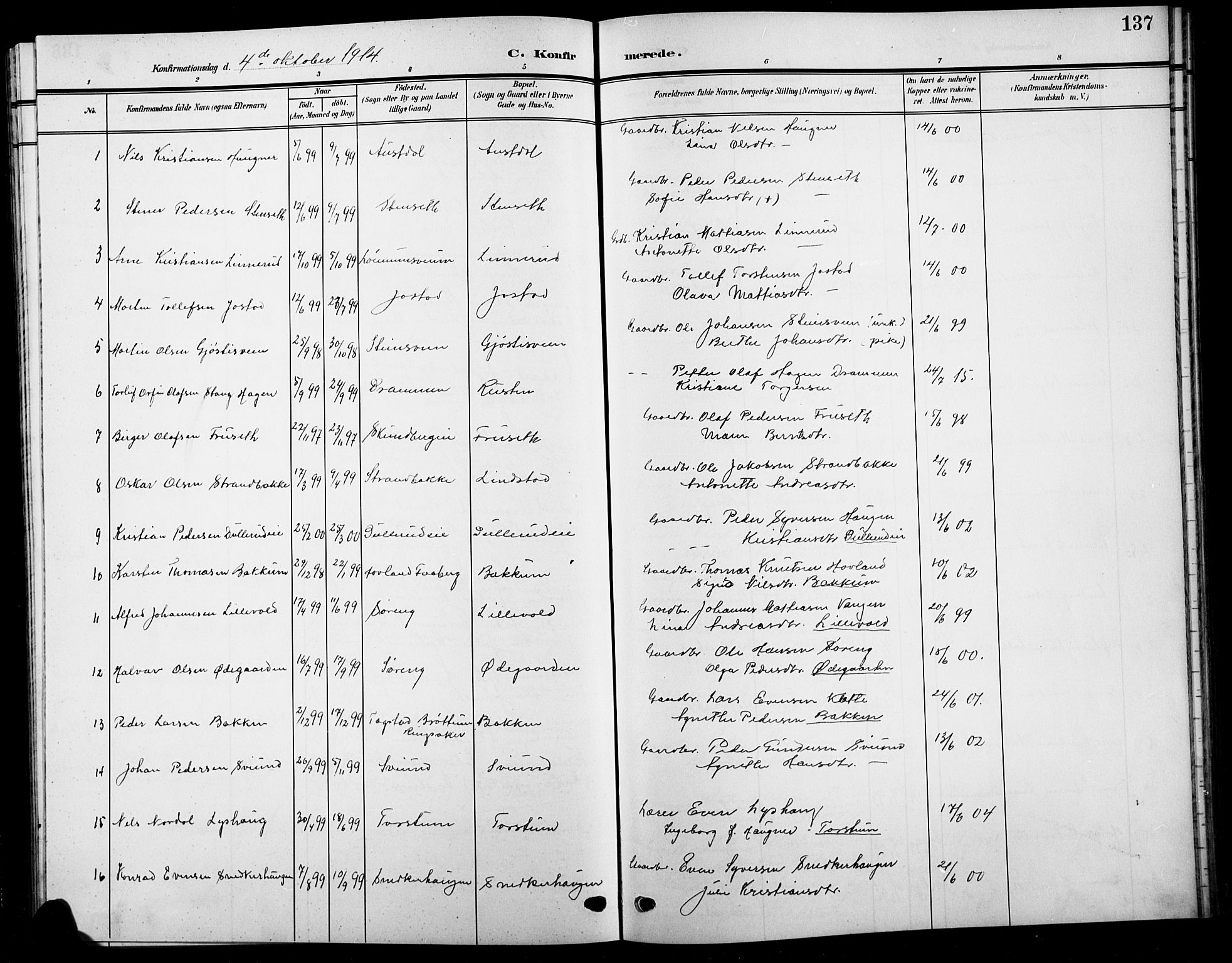 Biri prestekontor, AV/SAH-PREST-096/H/Ha/Hab/L0005: Klokkerbok nr. 5, 1906-1919, s. 137