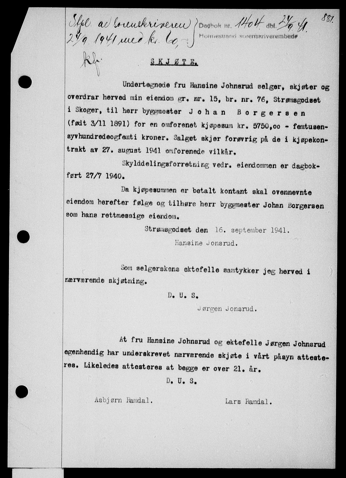 Holmestrand sorenskriveri, SAKO/A-67/G/Ga/Gaa/L0053: Pantebok nr. A-53, 1941-1941, Dagboknr: 1404/1941