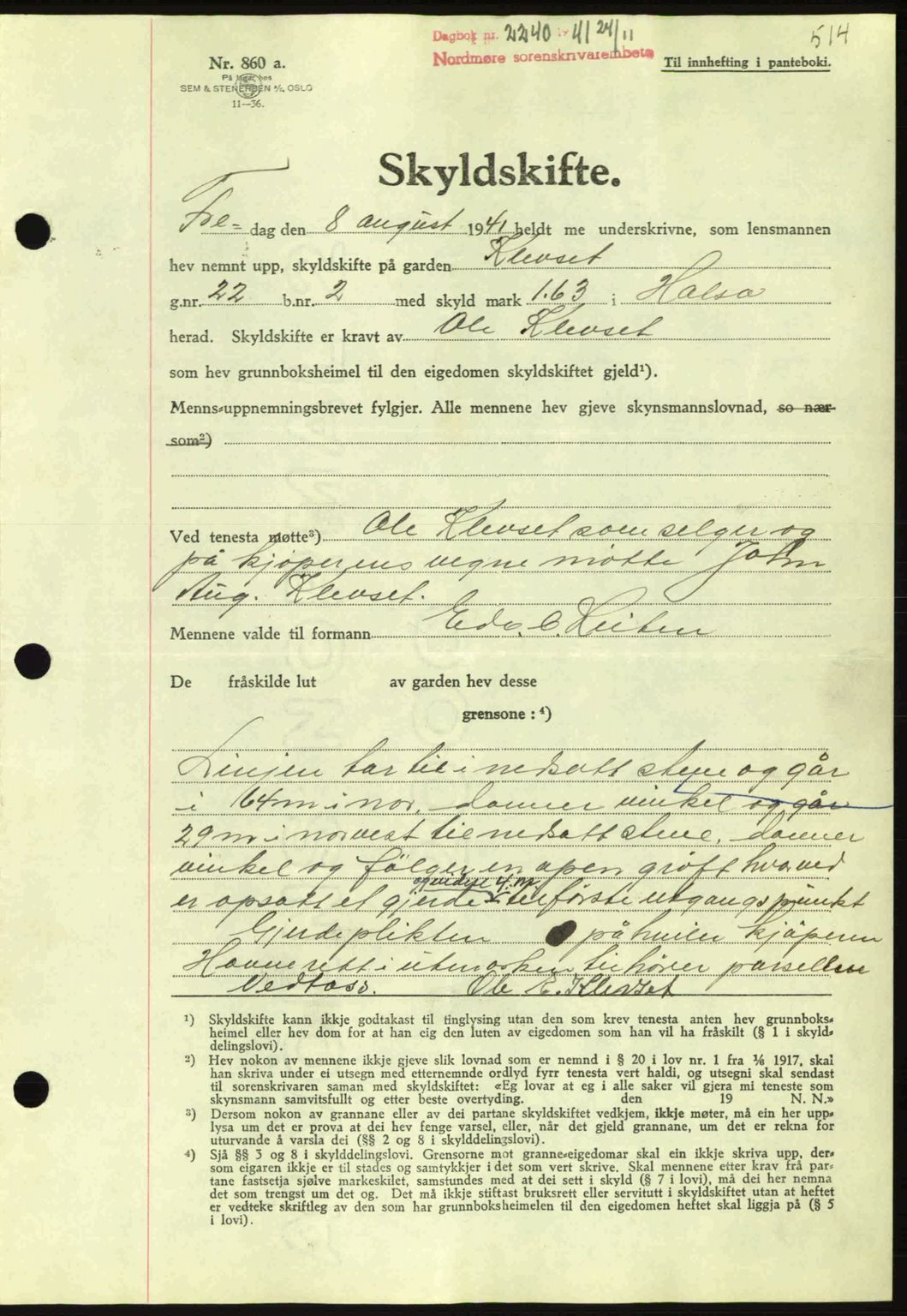 Nordmøre sorenskriveri, AV/SAT-A-4132/1/2/2Ca: Pantebok nr. A91, 1941-1942, Dagboknr: 2240/1941