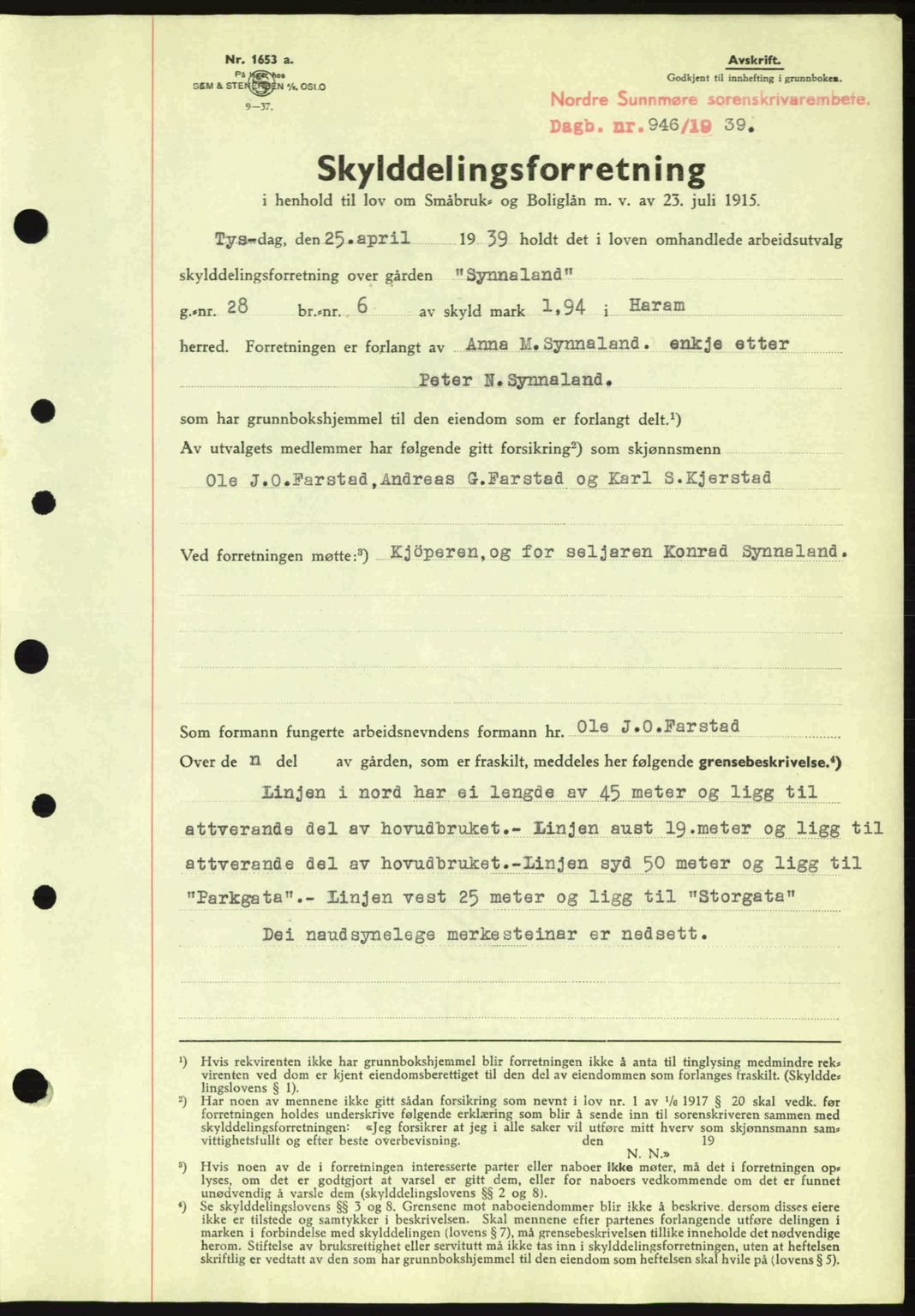 Nordre Sunnmøre sorenskriveri, SAT/A-0006/1/2/2C/2Ca: Pantebok nr. A7, 1939-1939, Dagboknr: 946/1939