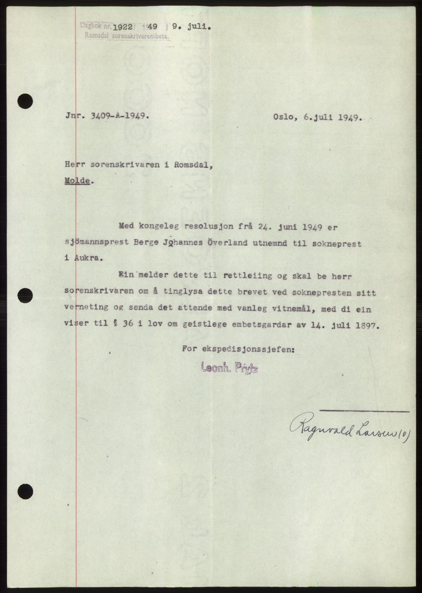 Romsdal sorenskriveri, SAT/A-4149/1/2/2C: Pantebok nr. B4, 1948-1949, Dagboknr: 1922/1949