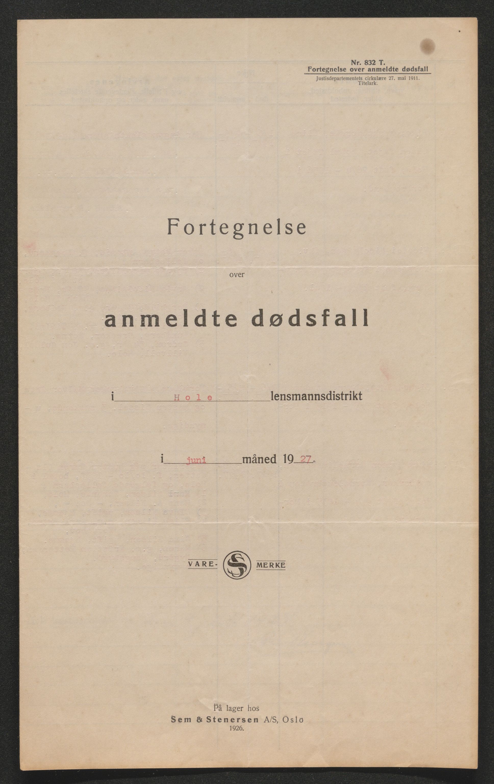 Ringerike sorenskriveri, AV/SAKO-A-105/H/Ha/Hab/L0021: Dødsfallslister Hole, 1926-1932