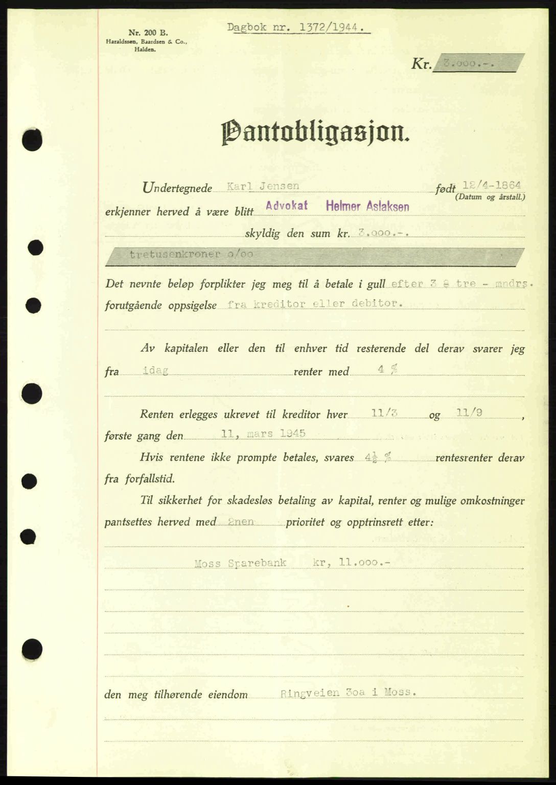 Moss sorenskriveri, SAO/A-10168: Pantebok nr. B13, 1943-1945, Dagboknr: 1372/1944