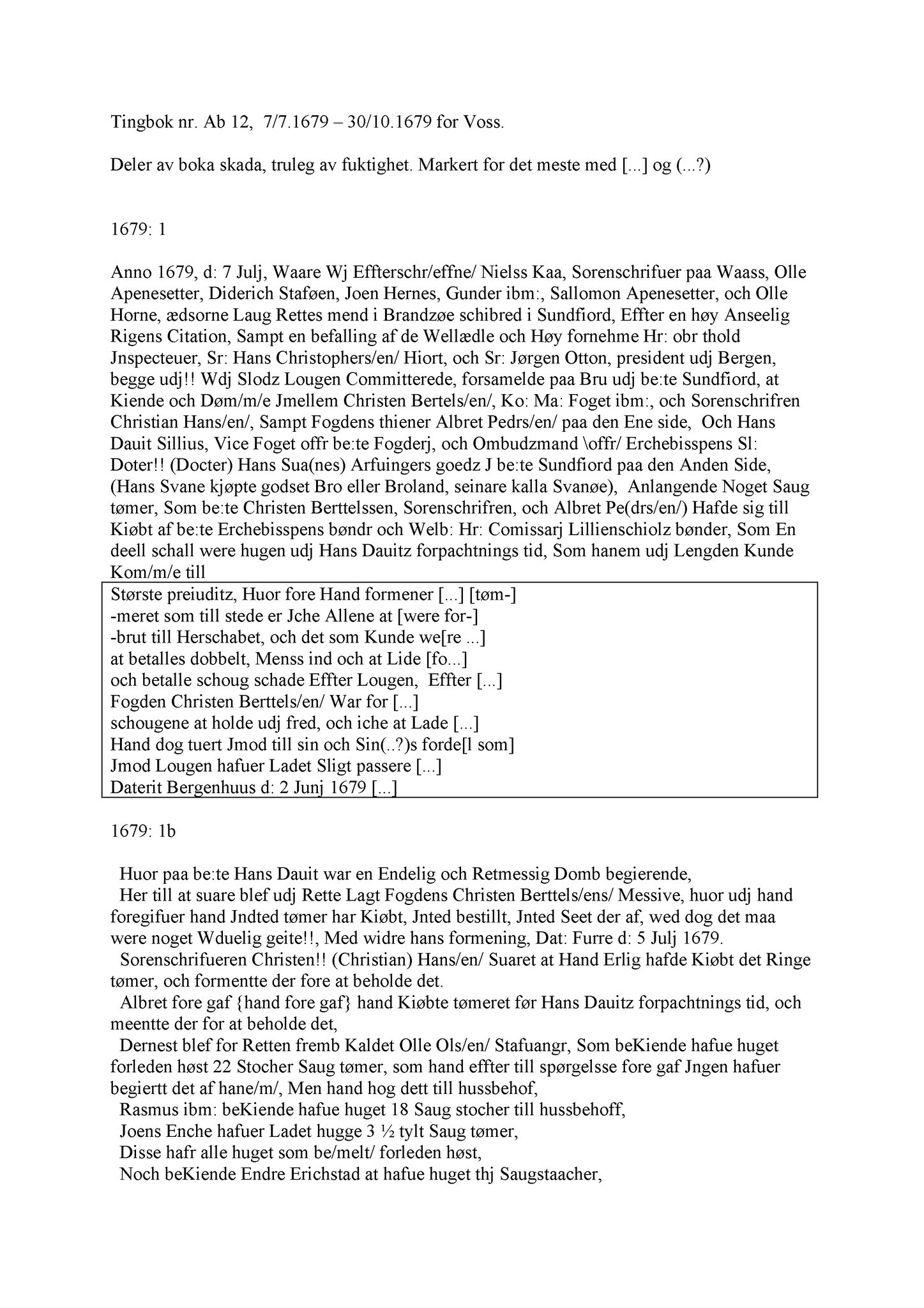 Samling av fulltekstavskrifter, SAB/FULLTEKST/A/12/0056: Hardanger og Voss sorenskriveri, tingbok nr. Ab 12 for Voss, 1679