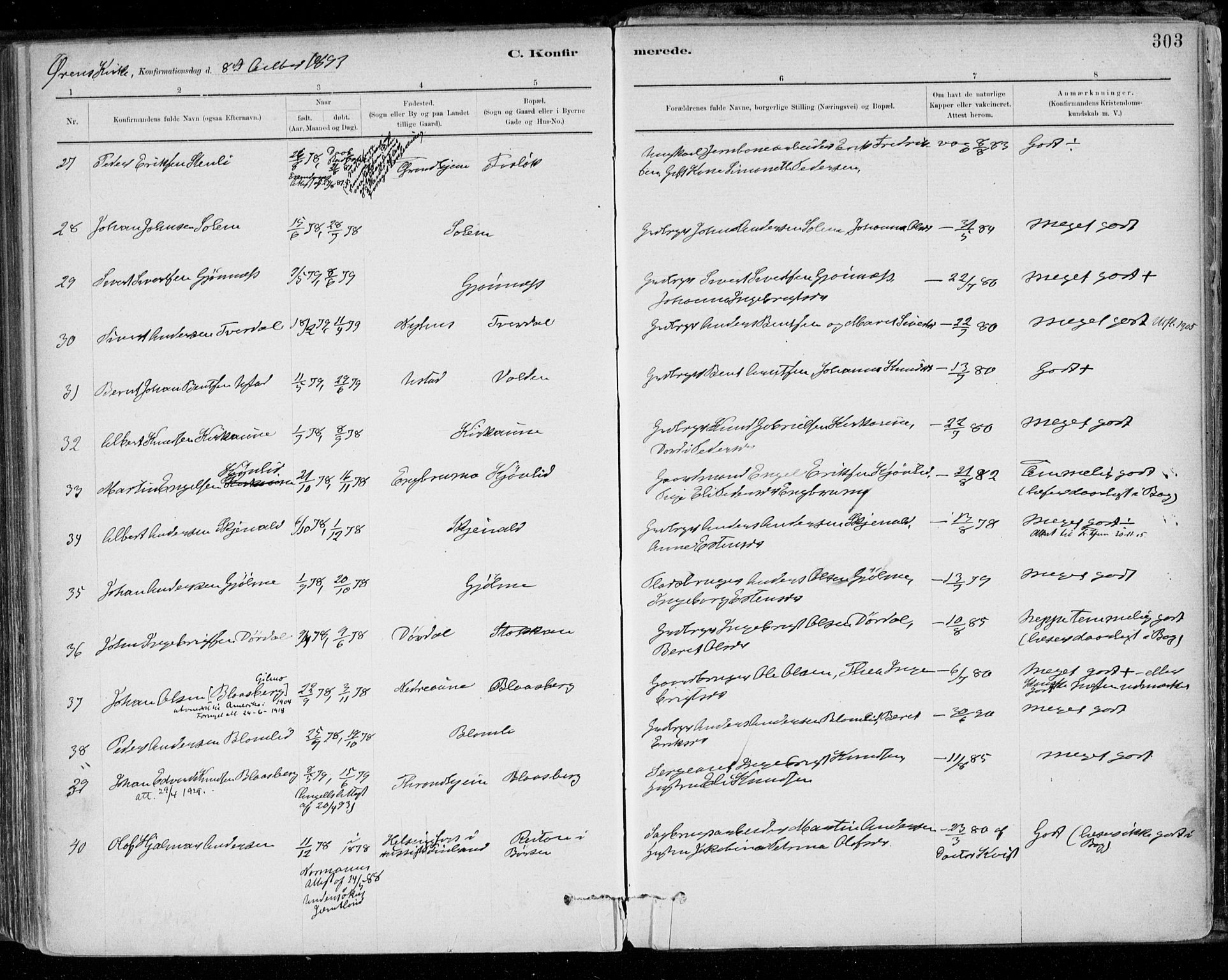 Ministerialprotokoller, klokkerbøker og fødselsregistre - Sør-Trøndelag, SAT/A-1456/668/L0809: Ministerialbok nr. 668A09, 1881-1895, s. 303