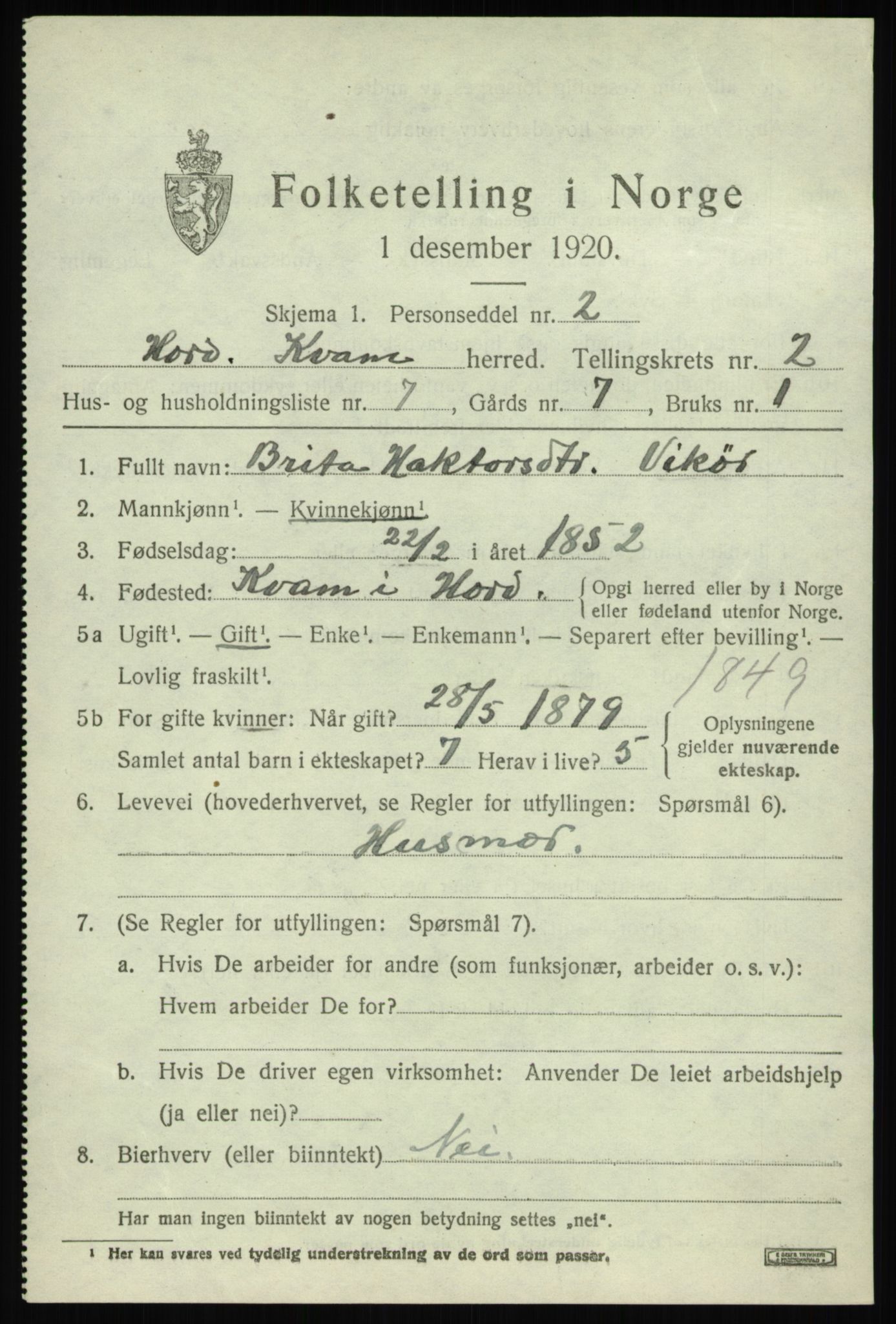 SAB, Folketelling 1920 for 1238 Kvam herred, 1920, s. 1875
