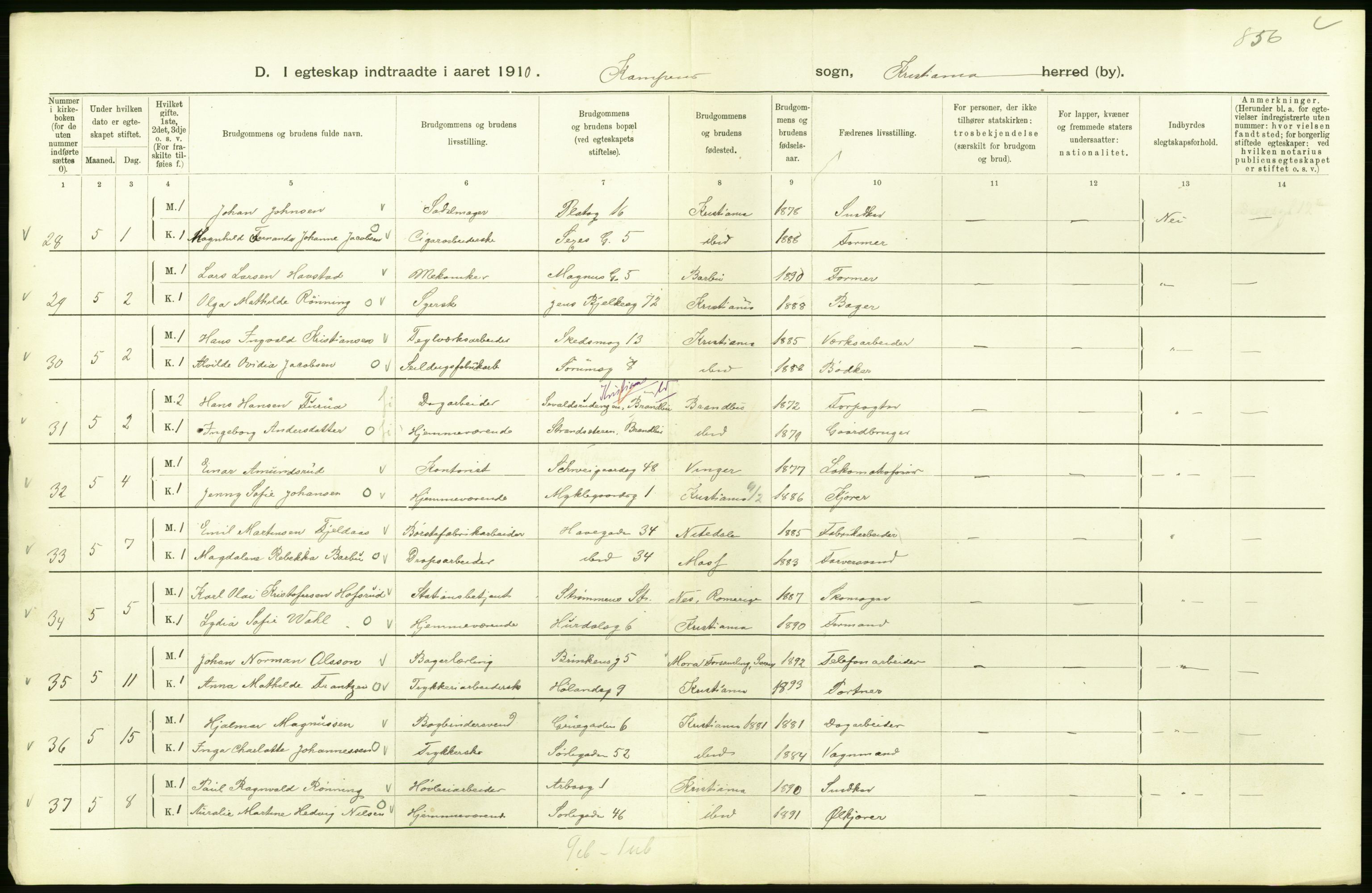 Statistisk sentralbyrå, Sosiodemografiske emner, Befolkning, AV/RA-S-2228/D/Df/Dfa/Dfah/L0009: Kristiania: Gifte og dødfødte., 1910, s. 114