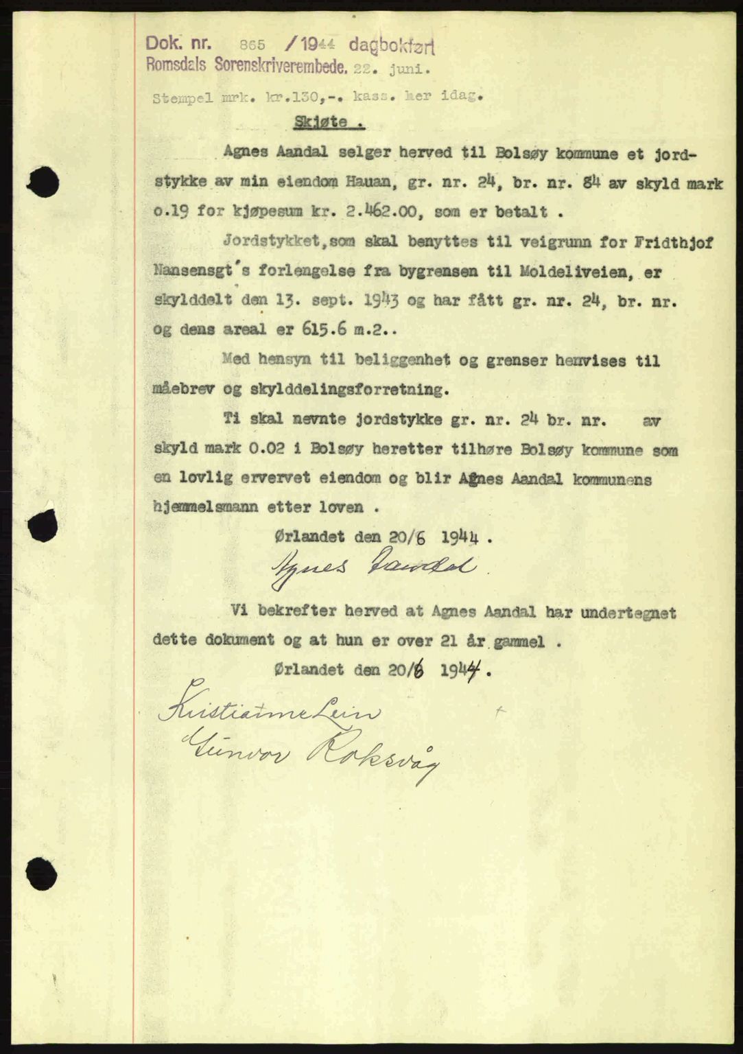 Romsdal sorenskriveri, SAT/A-4149/1/2/2C: Pantebok nr. A16, 1944-1944, Dagboknr: 865/1944