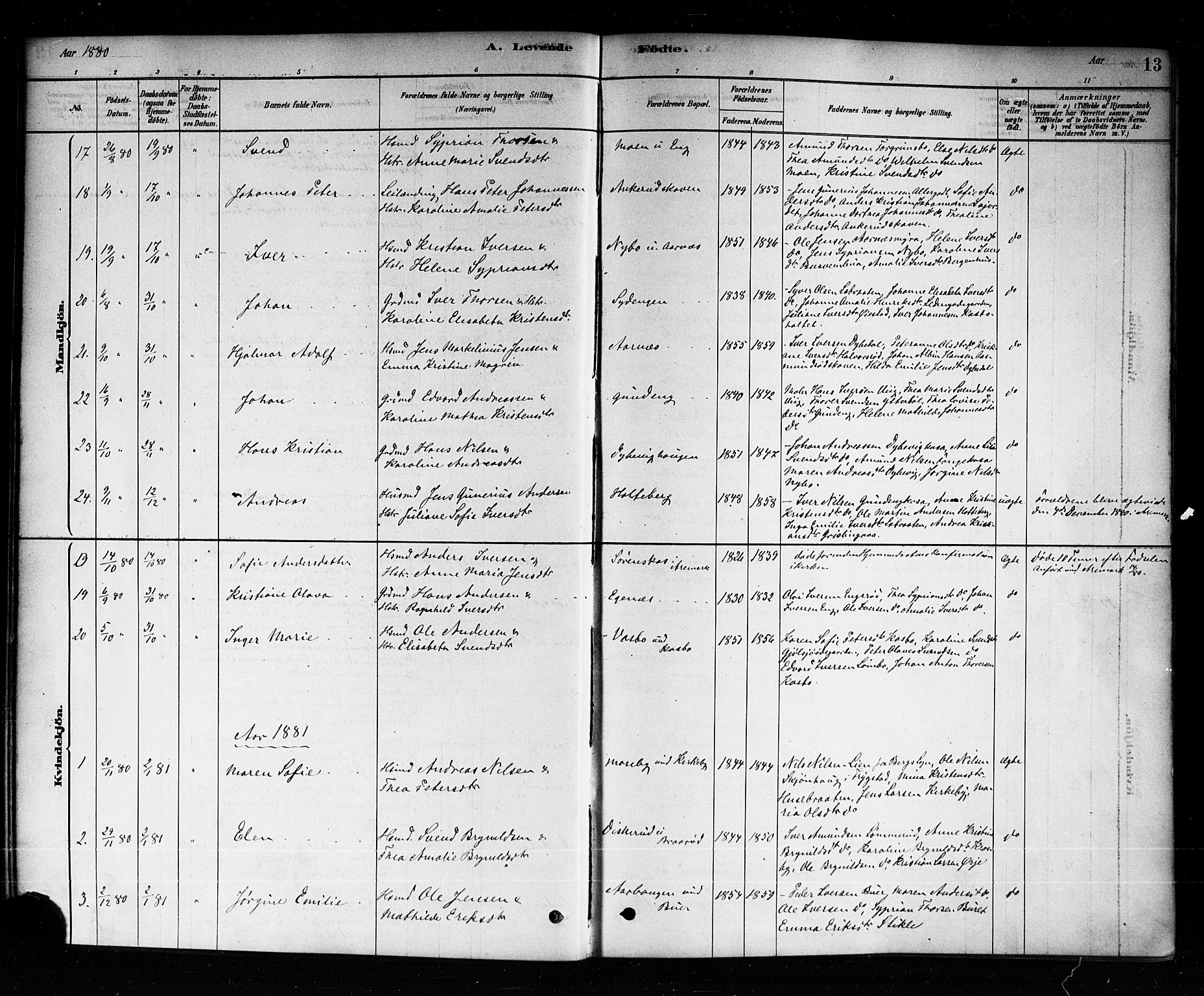 Aremark prestekontor Kirkebøker, AV/SAO-A-10899/F/Fb/L0004: Ministerialbok nr. II 4, 1878-1895, s. 13