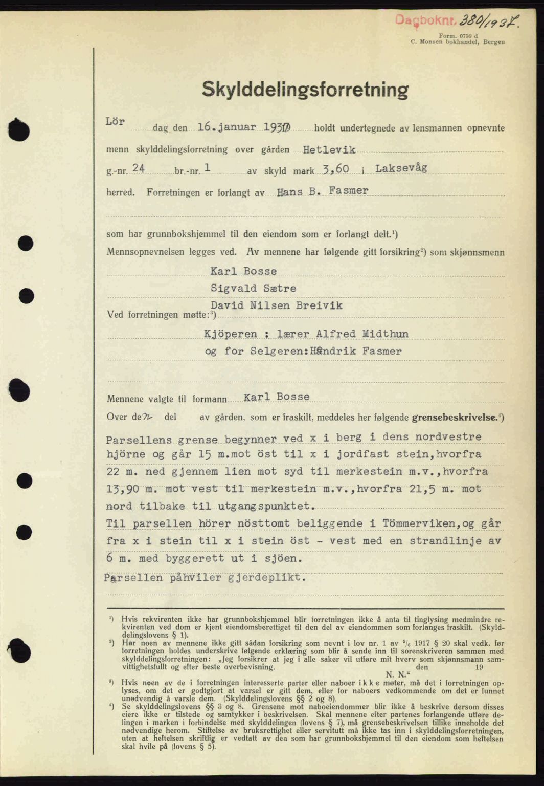 Midhordland sorenskriveri, SAB/A-3001/1/G/Gb/Gbk/L0001: Pantebok nr. A1-6, 1936-1937, Dagboknr: 380/1937