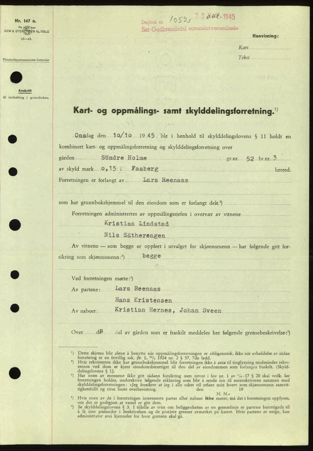 Sør-Gudbrandsdal tingrett, SAH/TING-004/H/Hb/Hbd/L0014: Pantebok nr. A14, 1944-1945, Dagboknr: 1052/1945