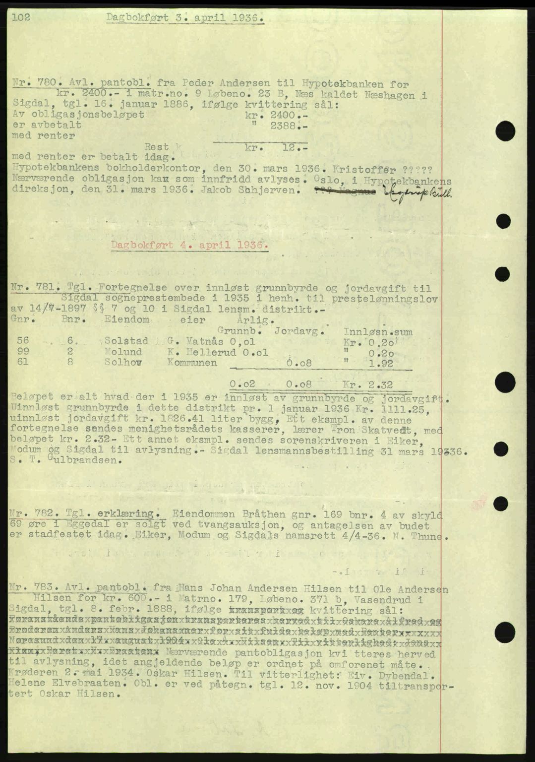 Eiker, Modum og Sigdal sorenskriveri, SAKO/A-123/G/Ga/Gab/L0032: Pantebok nr. A2, 1936-1936, Dagboknr: 780/1936