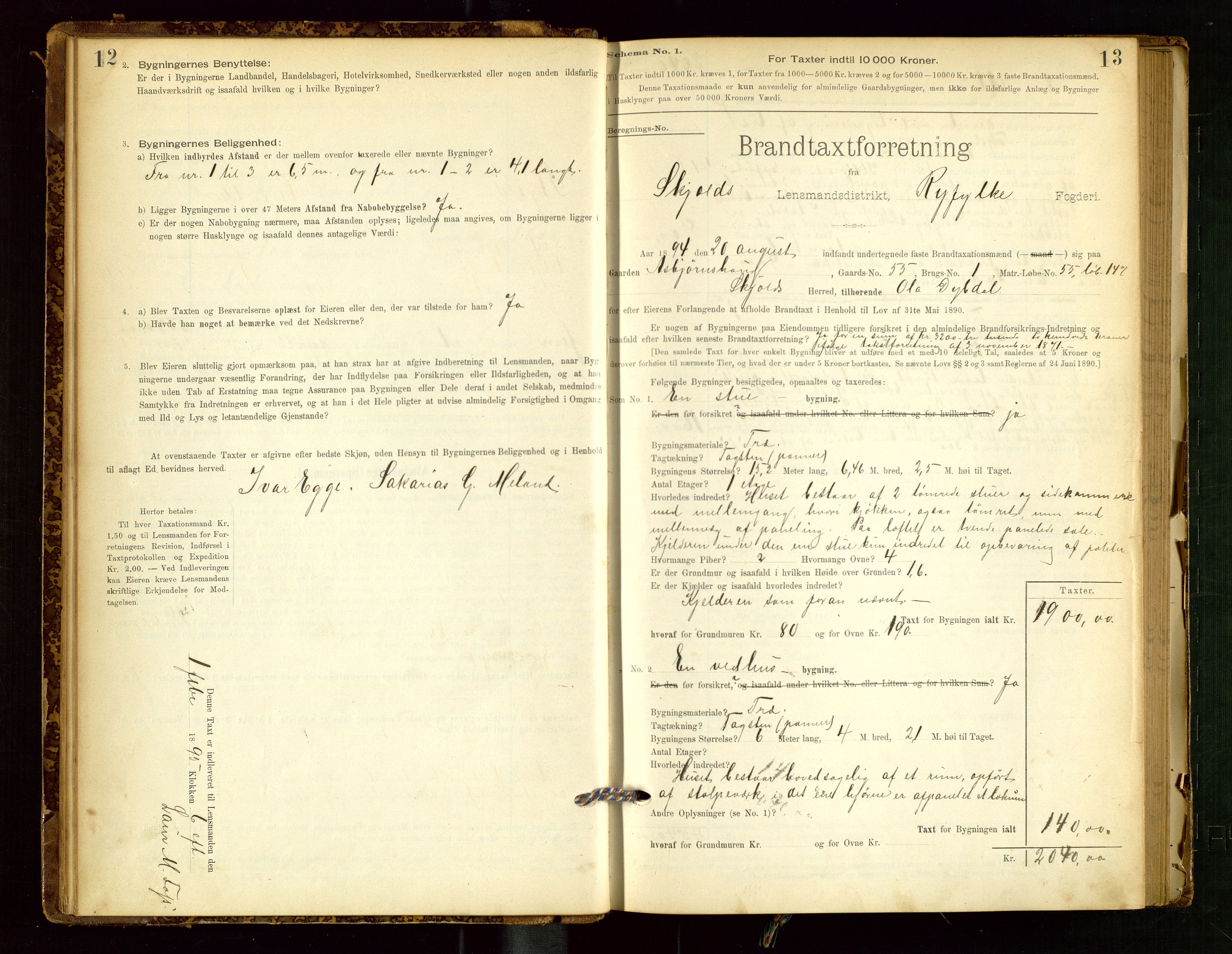 Skjold lensmannskontor, AV/SAST-A-100182/Gob/L0001: "Brandtaxationsprotokol for Skjold Lensmandsdistrikt Ryfylke Fogderi", 1894-1939, s. 12-13