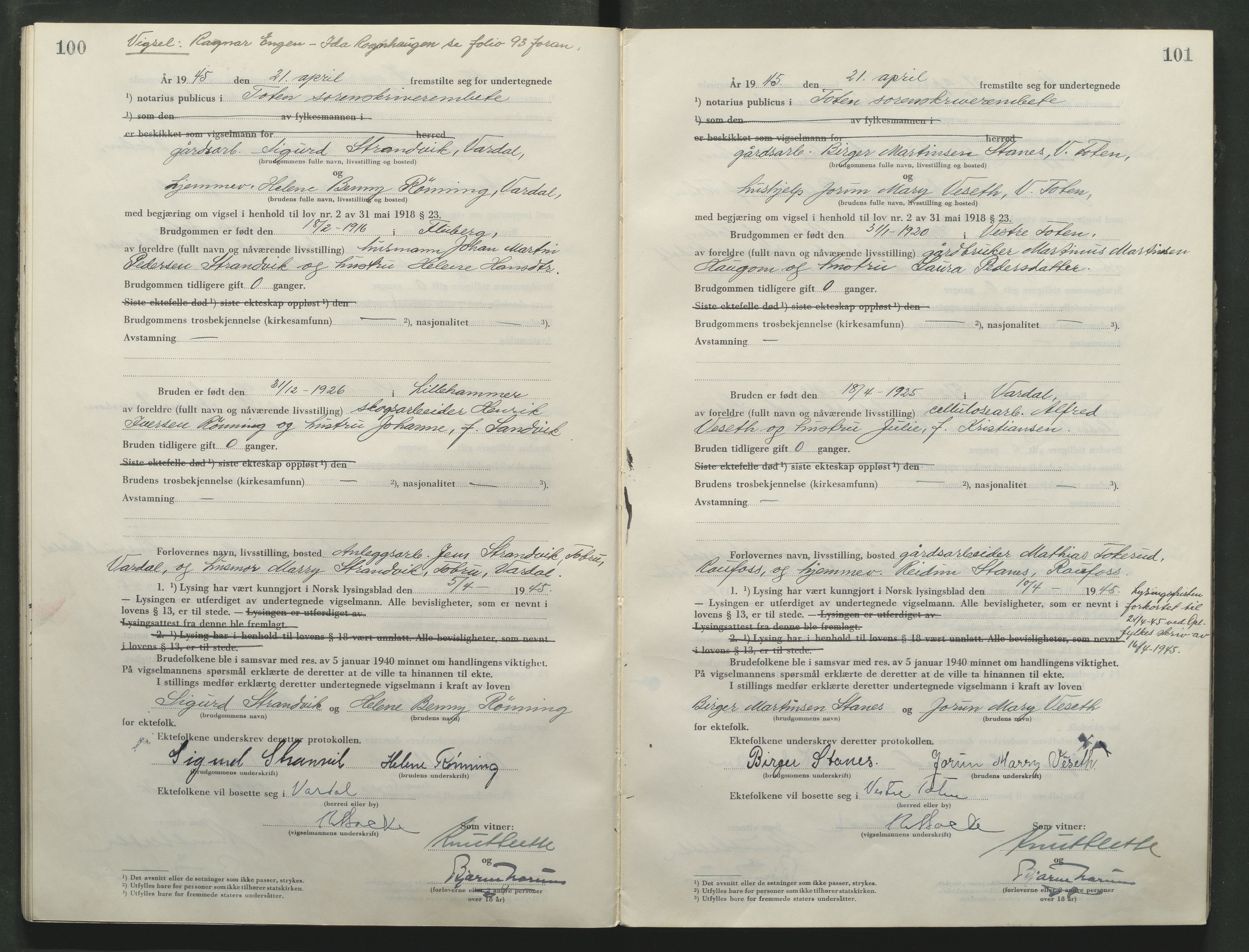Toten tingrett, AV/SAH-TING-006/L/Lc/L0005: Vigselbok, 1944-1948, s. 100-101