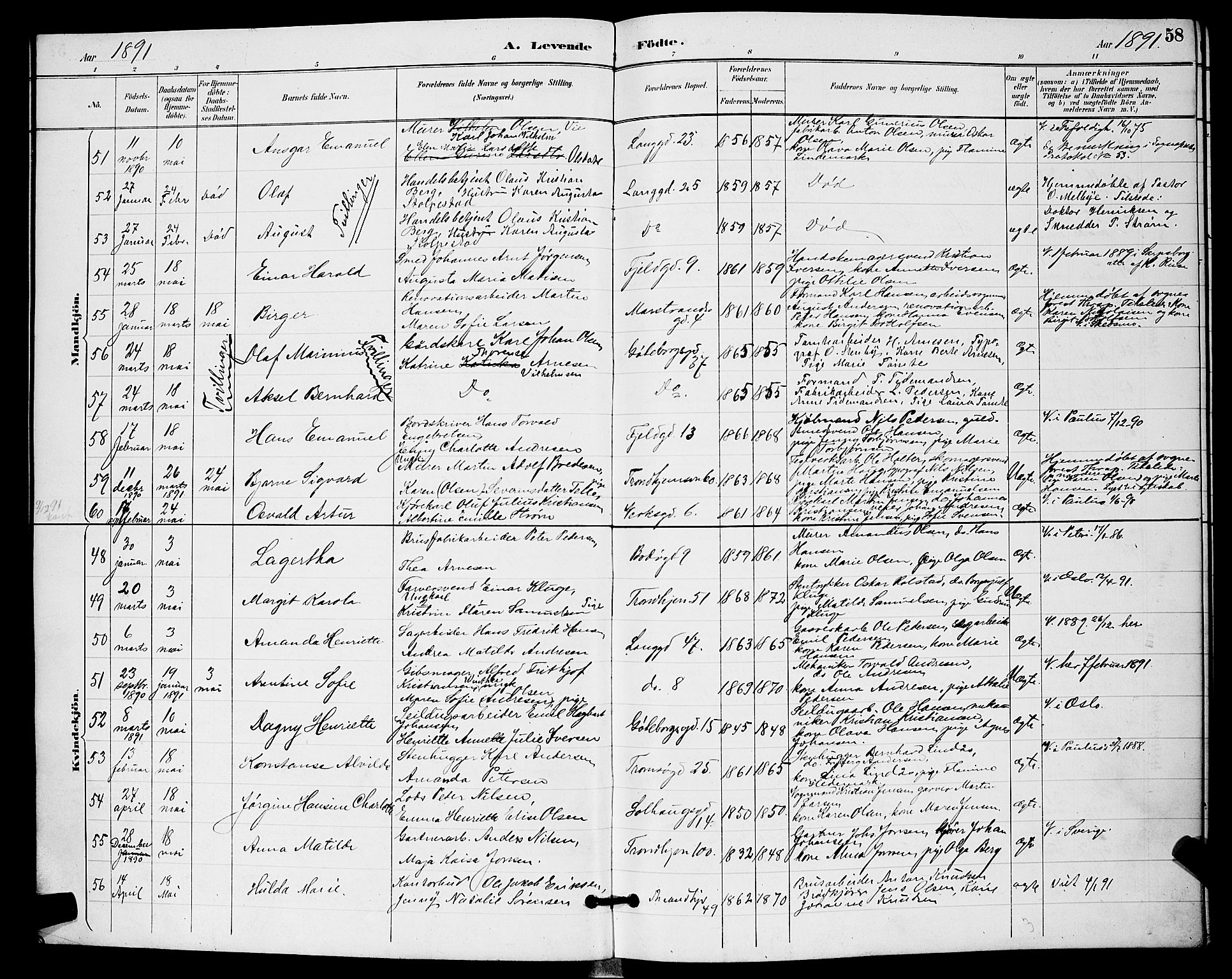 Petrus prestekontor Kirkebøker, AV/SAO-A-10872/G/Ga/L0002: Klokkerbok nr. 2, 1888-1899, s. 58