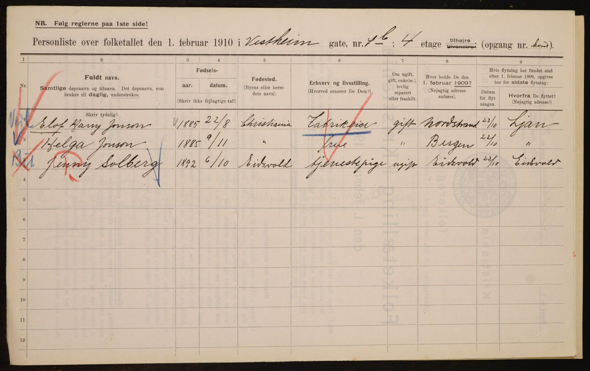 OBA, Kommunal folketelling 1.2.1910 for Kristiania, 1910, s. 116099