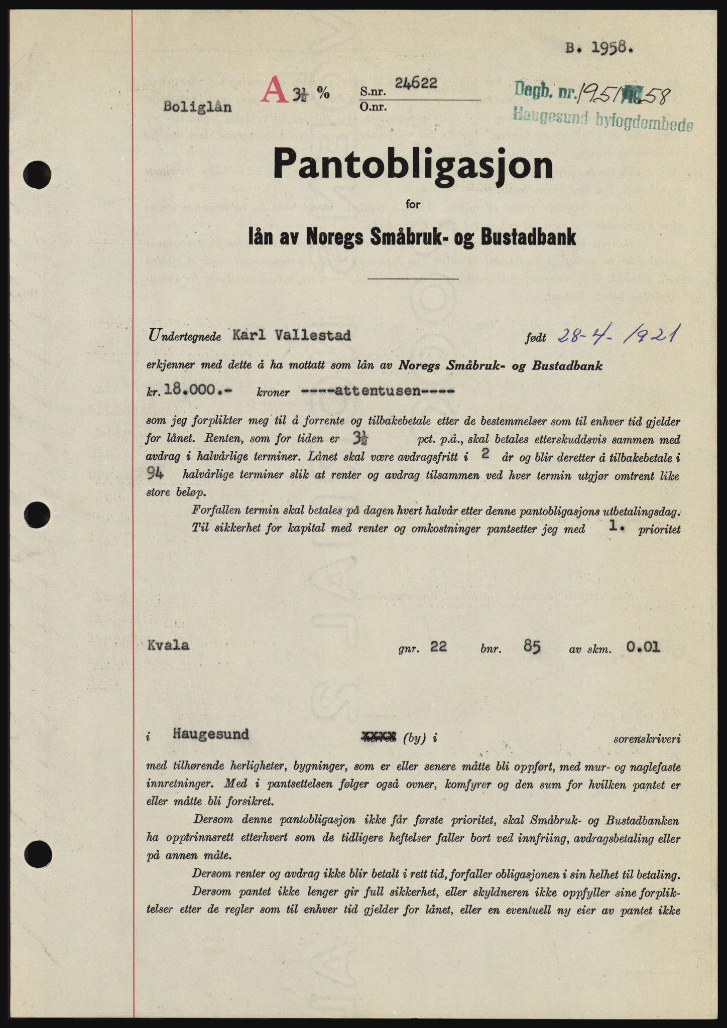 Haugesund tingrett, SAST/A-101415/01/II/IIC/L0044: Pantebok nr. B 44, 1958-1959, Dagboknr: 1951/1958