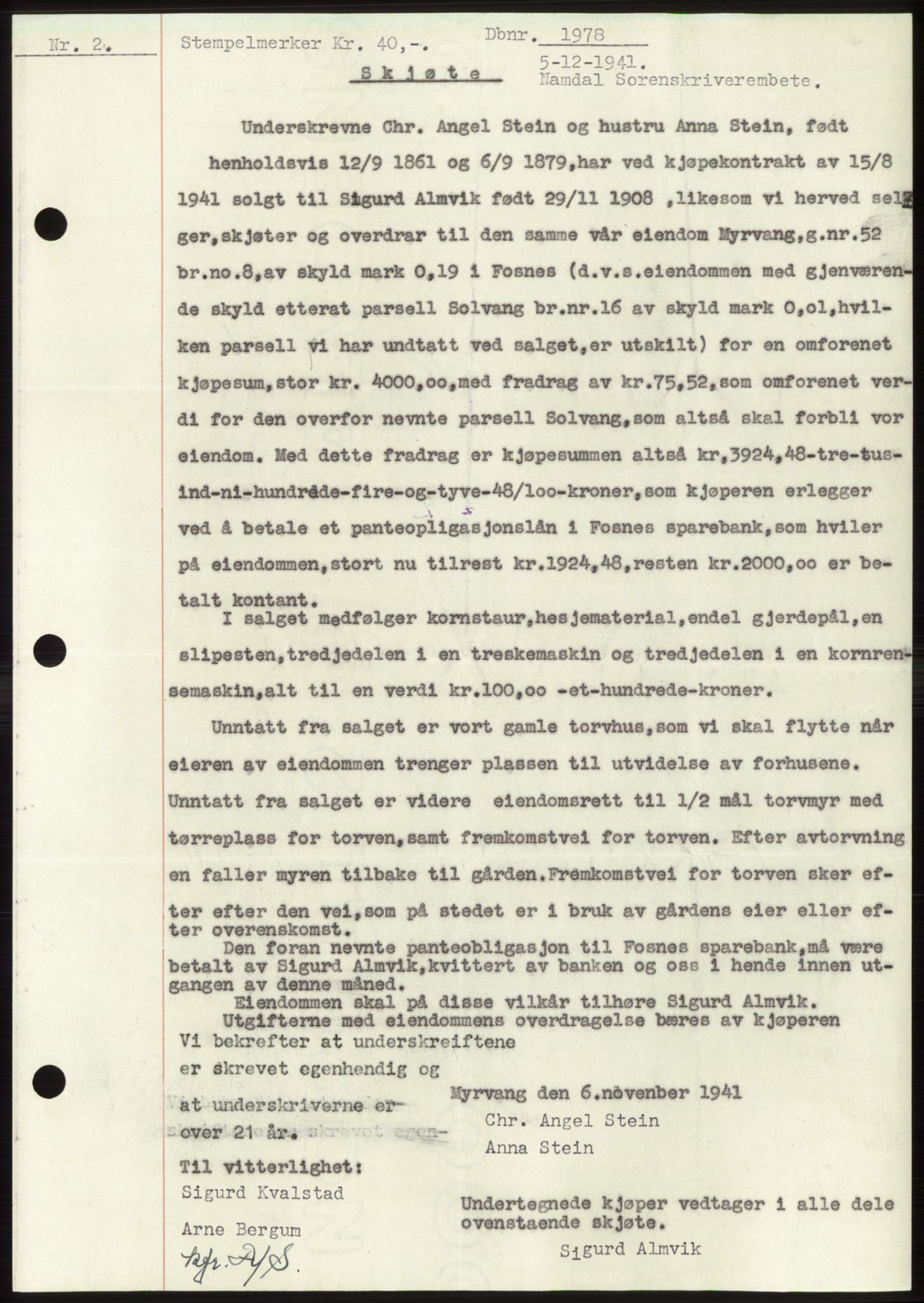Namdal sorenskriveri, SAT/A-4133/1/2/2C: Pantebok nr. -, 1941-1942, Dagboknr: 1978/1941