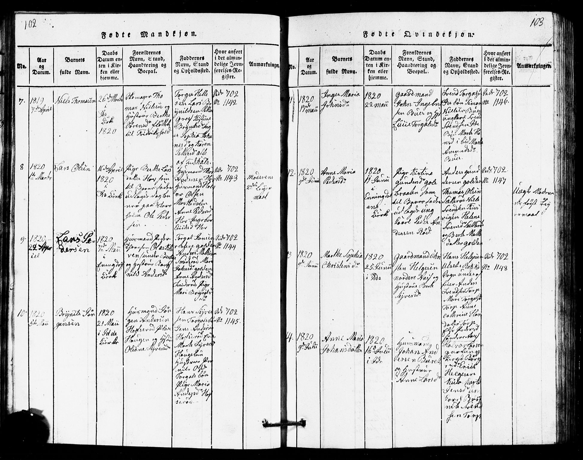 Idd prestekontor Kirkebøker, AV/SAO-A-10911/G/Ga/L0001: Klokkerbok nr. I 1, 1815-1826, s. 102-103