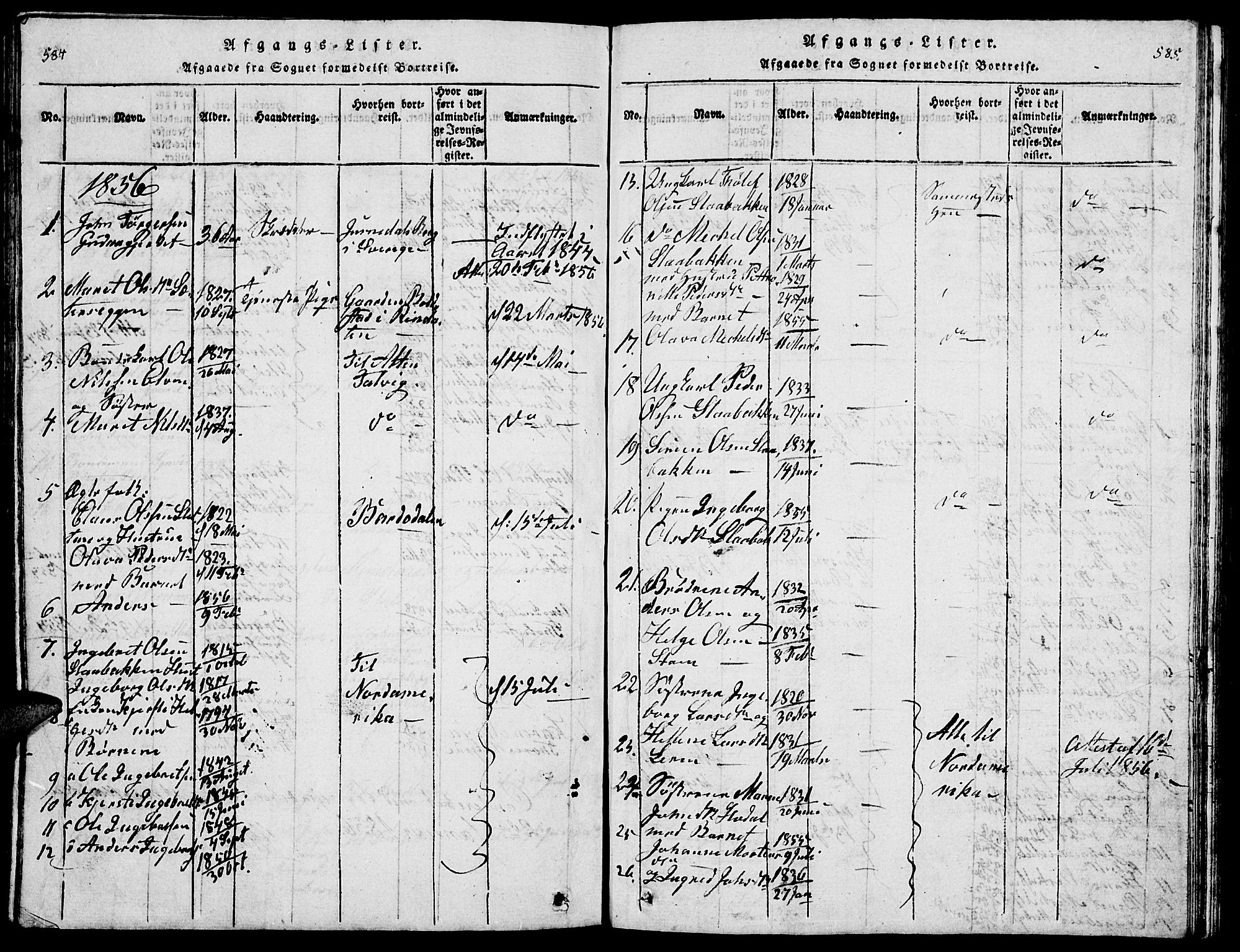 Tolga prestekontor, AV/SAH-PREST-062/L/L0001: Klokkerbok nr. 1, 1814-1877, s. 584-585