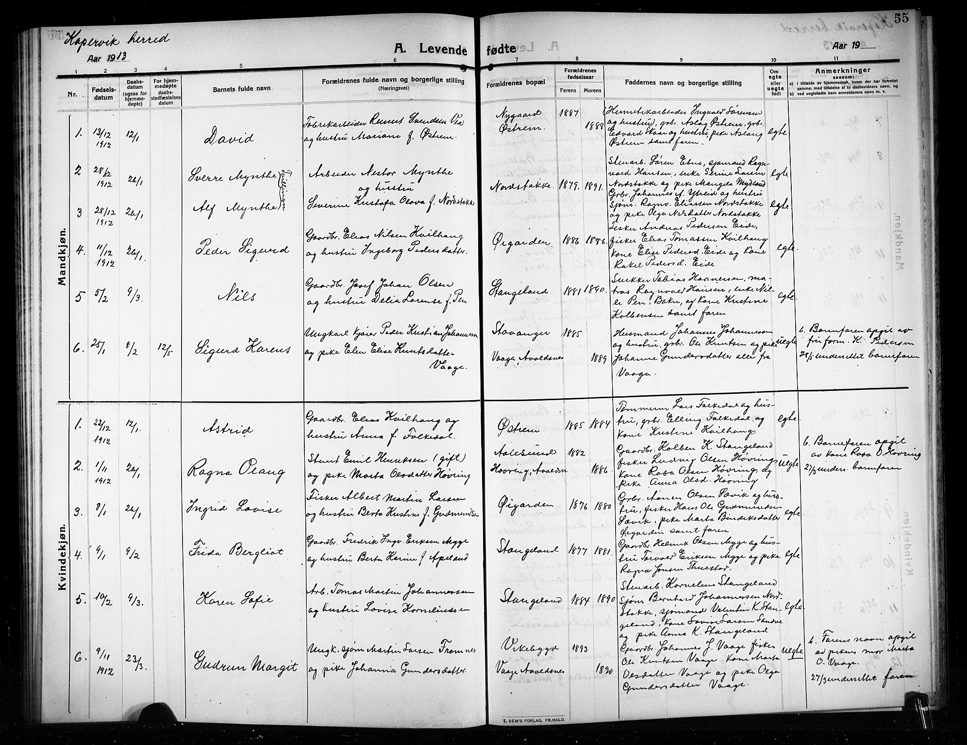 Kopervik sokneprestkontor, AV/SAST-A-101850/H/Ha/Hab/L0005: Klokkerbok nr. B 5, 1909-1918, s. 55