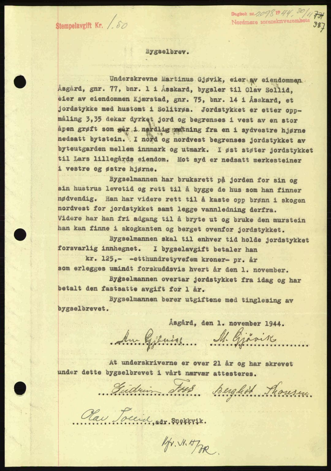 Nordmøre sorenskriveri, AV/SAT-A-4132/1/2/2Ca: Pantebok nr. B92, 1944-1945, Dagboknr: 2098/1944