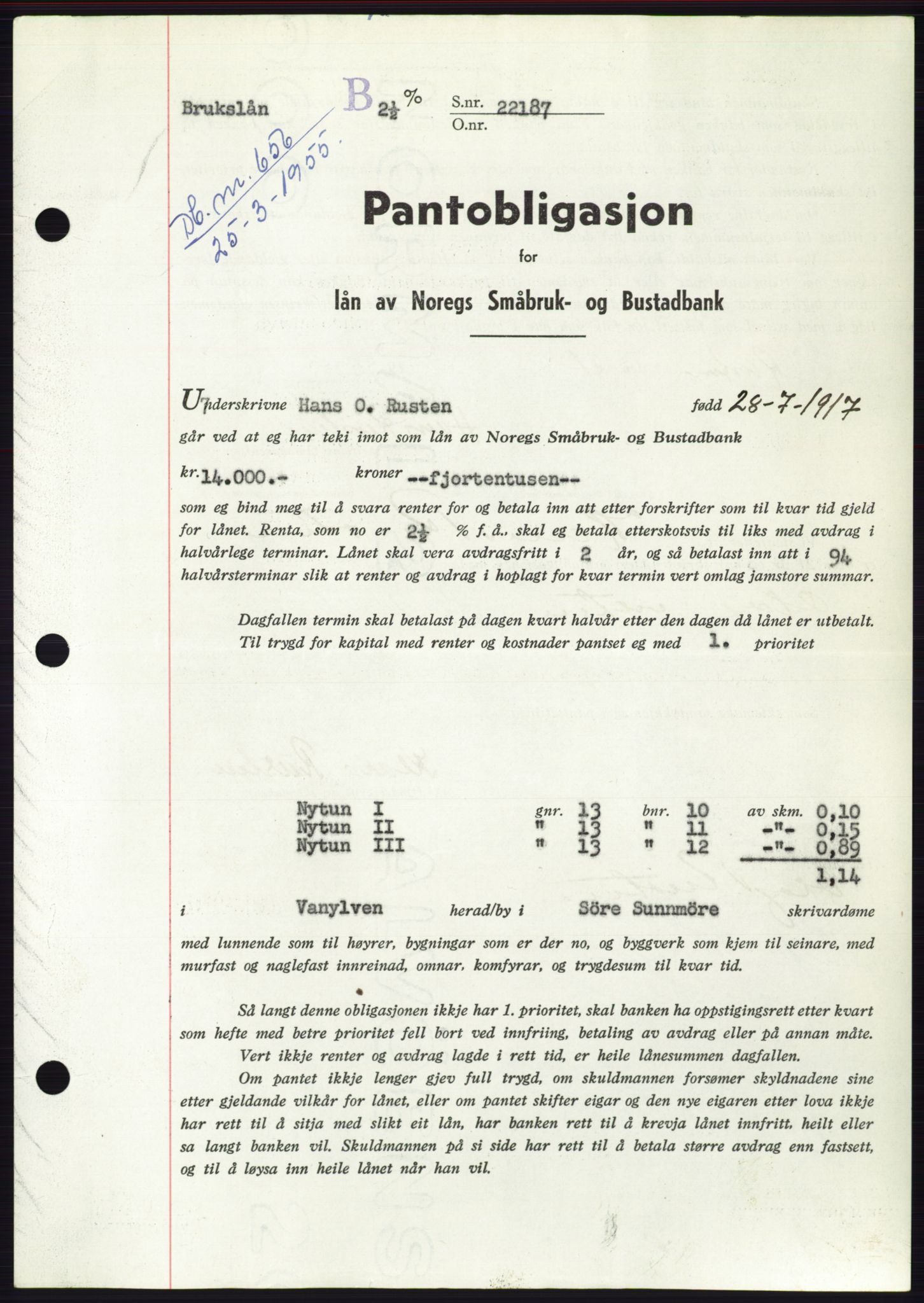 Søre Sunnmøre sorenskriveri, AV/SAT-A-4122/1/2/2C/L0126: Pantebok nr. 14B, 1954-1955, Dagboknr: 656/1955