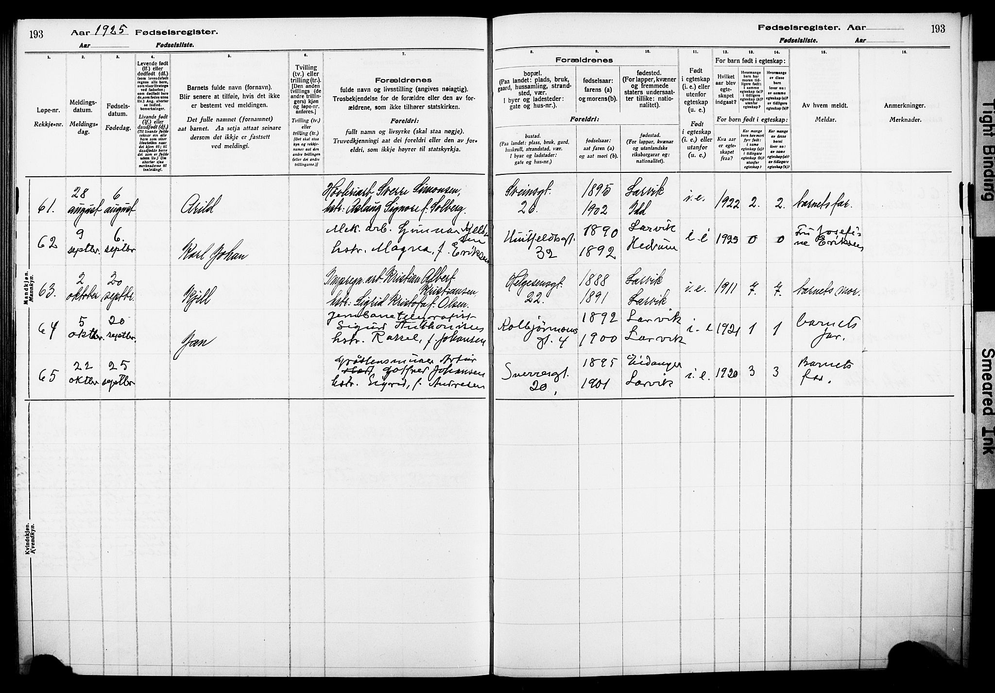 Larvik kirkebøker, AV/SAKO-A-352/J/Ja/L0001: Fødselsregister nr. I 1, 1916-1926, s. 193