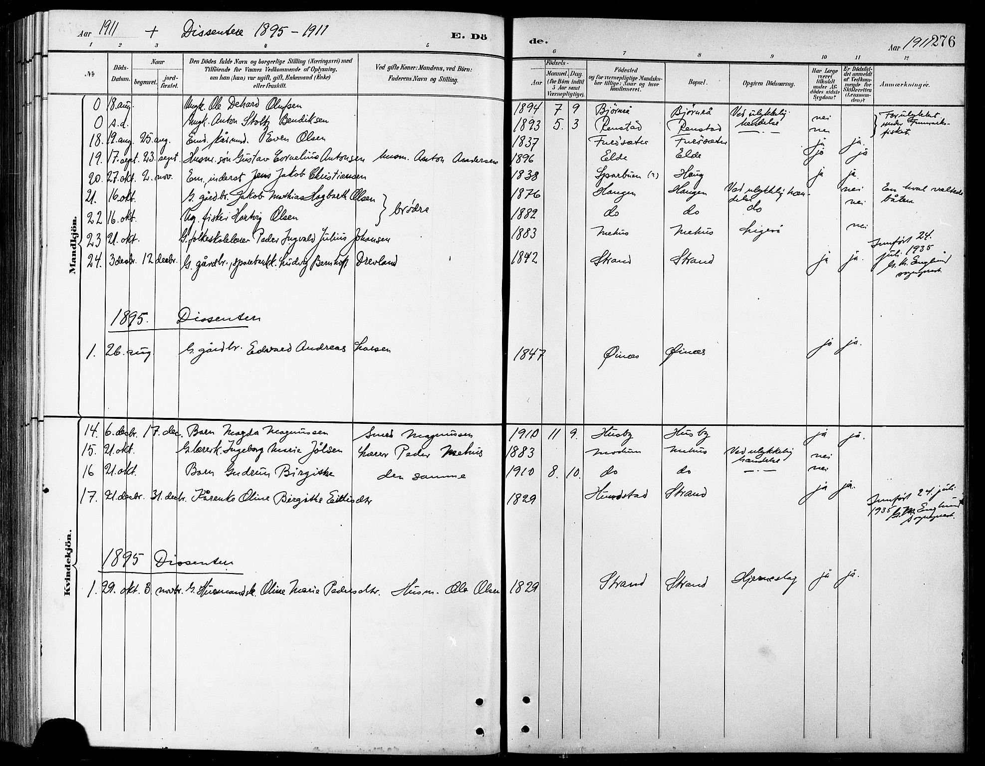 Kvæfjord sokneprestkontor, AV/SATØ-S-1323/G/Ga/Gab/L0005klokker: Klokkerbok nr. 5, 1886-1911, s. 276
