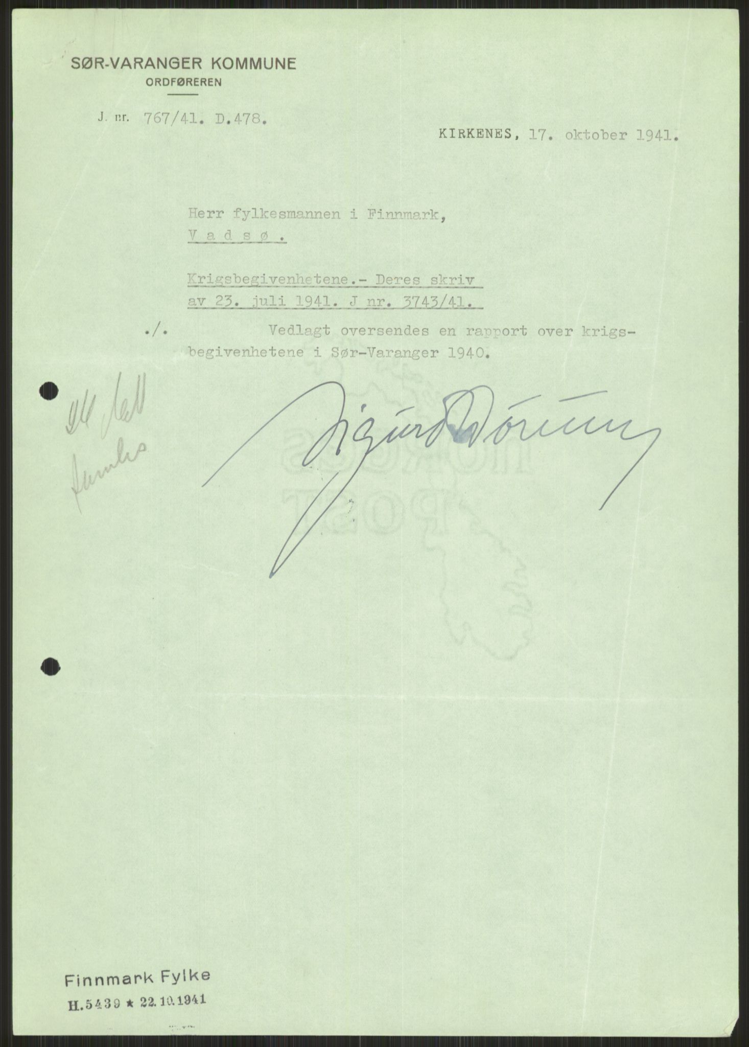 Forsvaret, Forsvarets krigshistoriske avdeling, AV/RA-RAFA-2017/Y/Ya/L0017: II-C-11-31 - Fylkesmenn.  Rapporter om krigsbegivenhetene 1940., 1940, s. 731