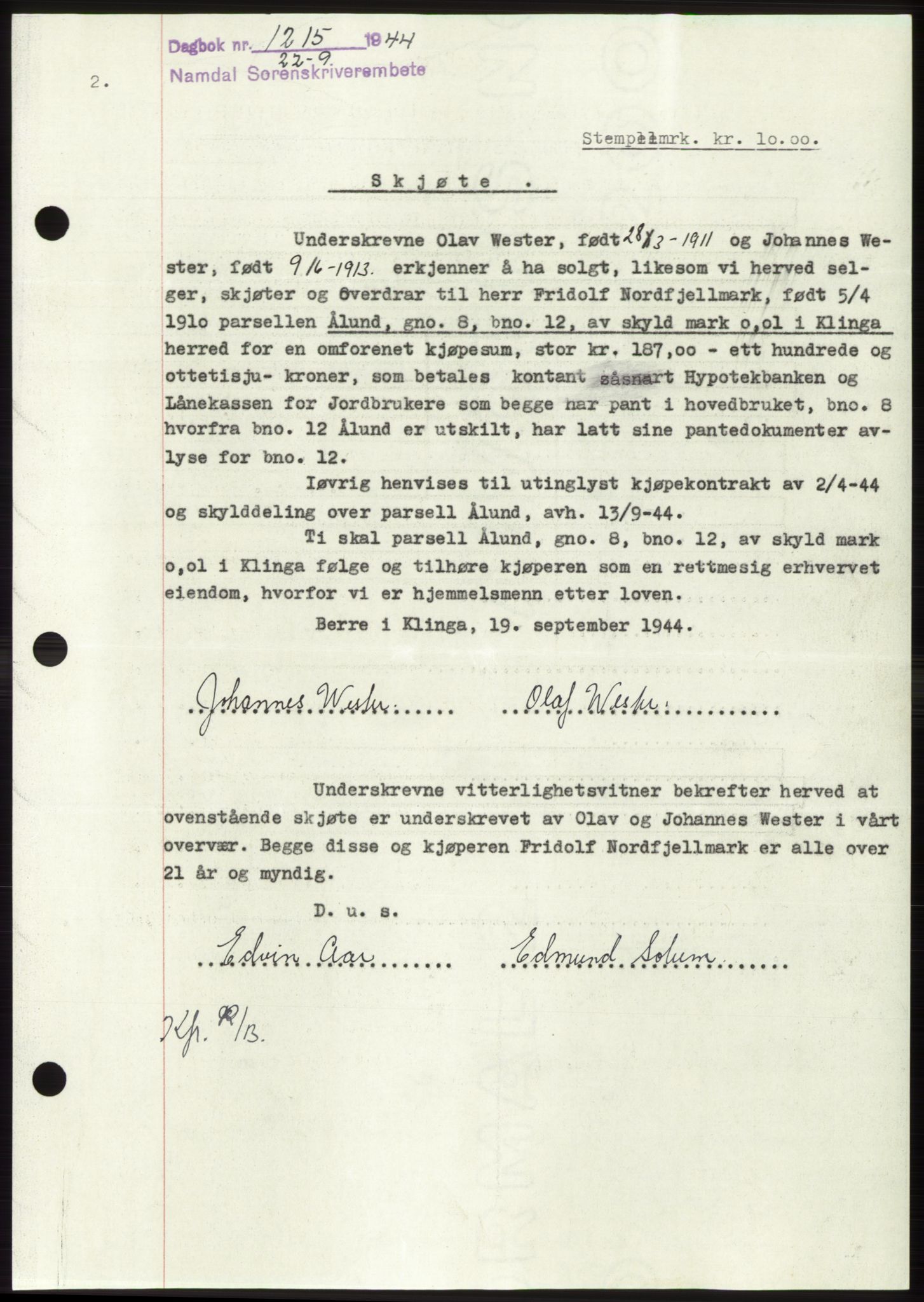 Namdal sorenskriveri, SAT/A-4133/1/2/2C: Pantebok nr. -, 1944-1945, Dagboknr: 1215/1944