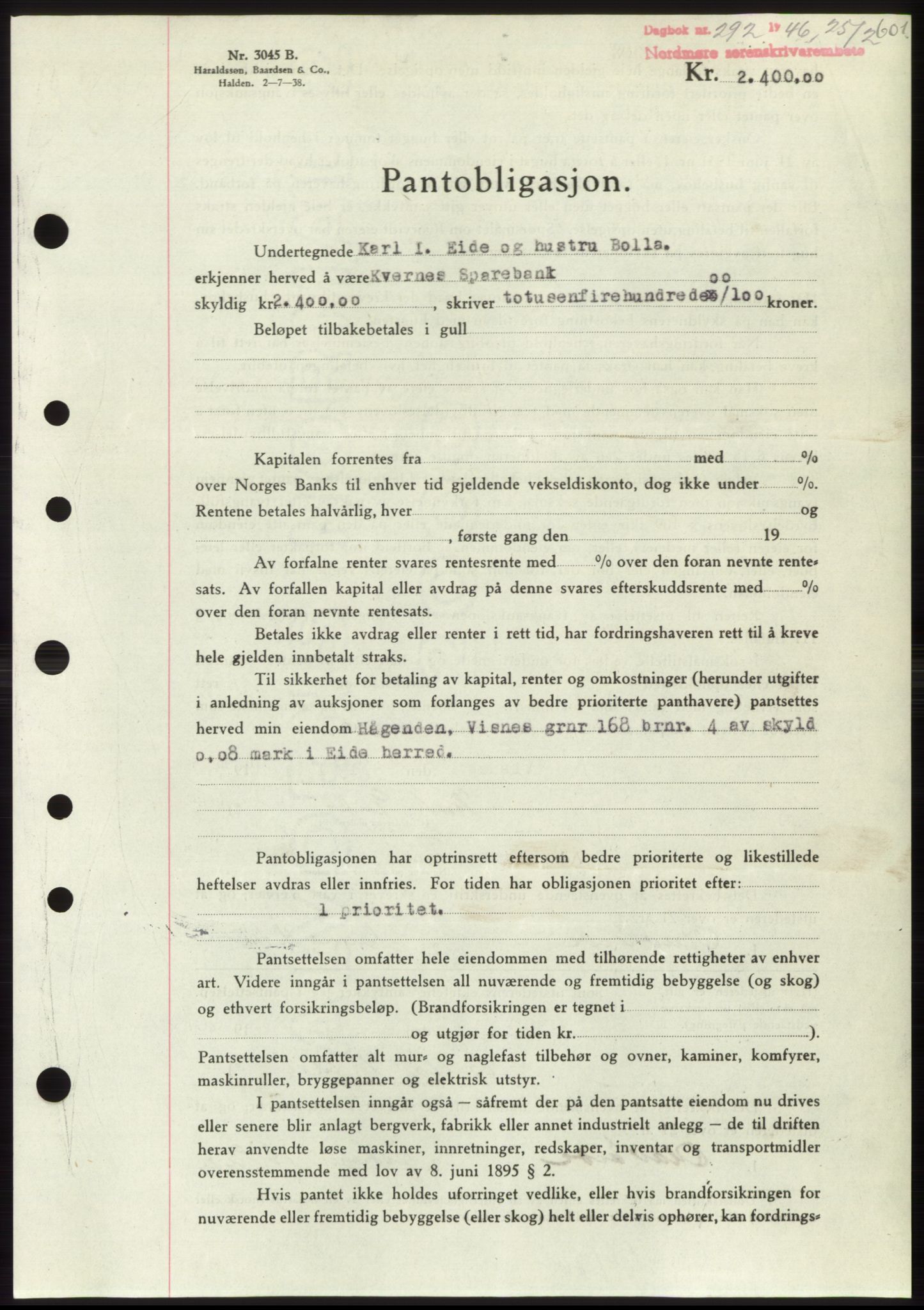 Nordmøre sorenskriveri, SAT/A-4132/1/2/2Ca: Pantebok nr. B93b, 1946-1946, Dagboknr: 292/1946