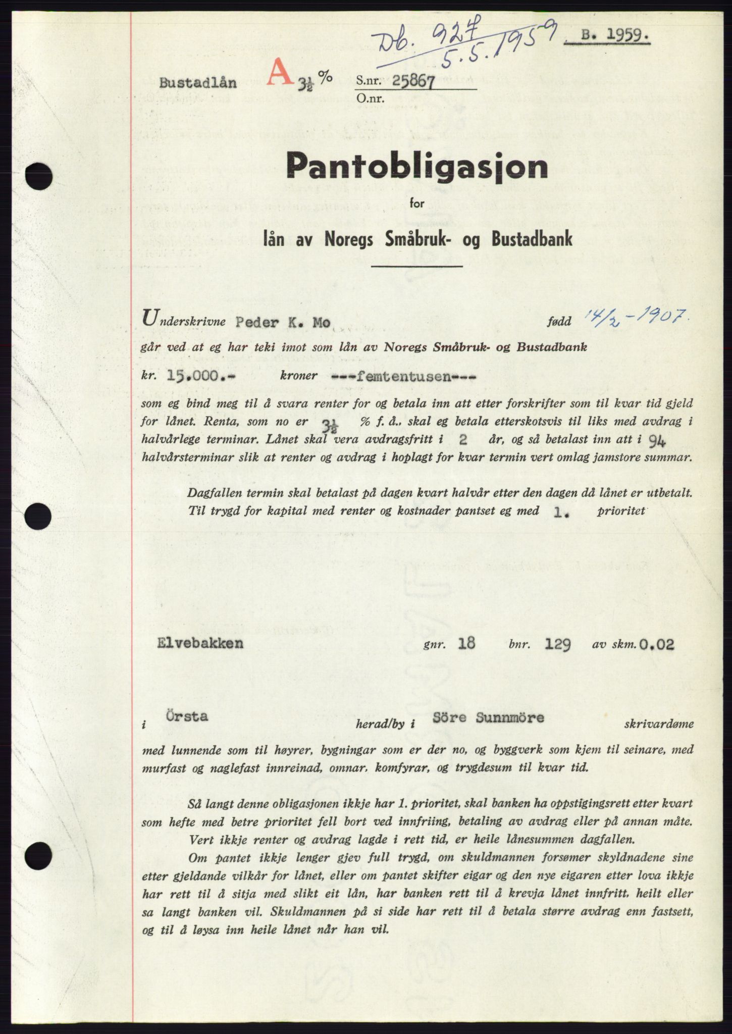 Søre Sunnmøre sorenskriveri, SAT/A-4122/1/2/2C/L0133: Pantebok nr. 21B, 1959-1959, Dagboknr: 927/1959