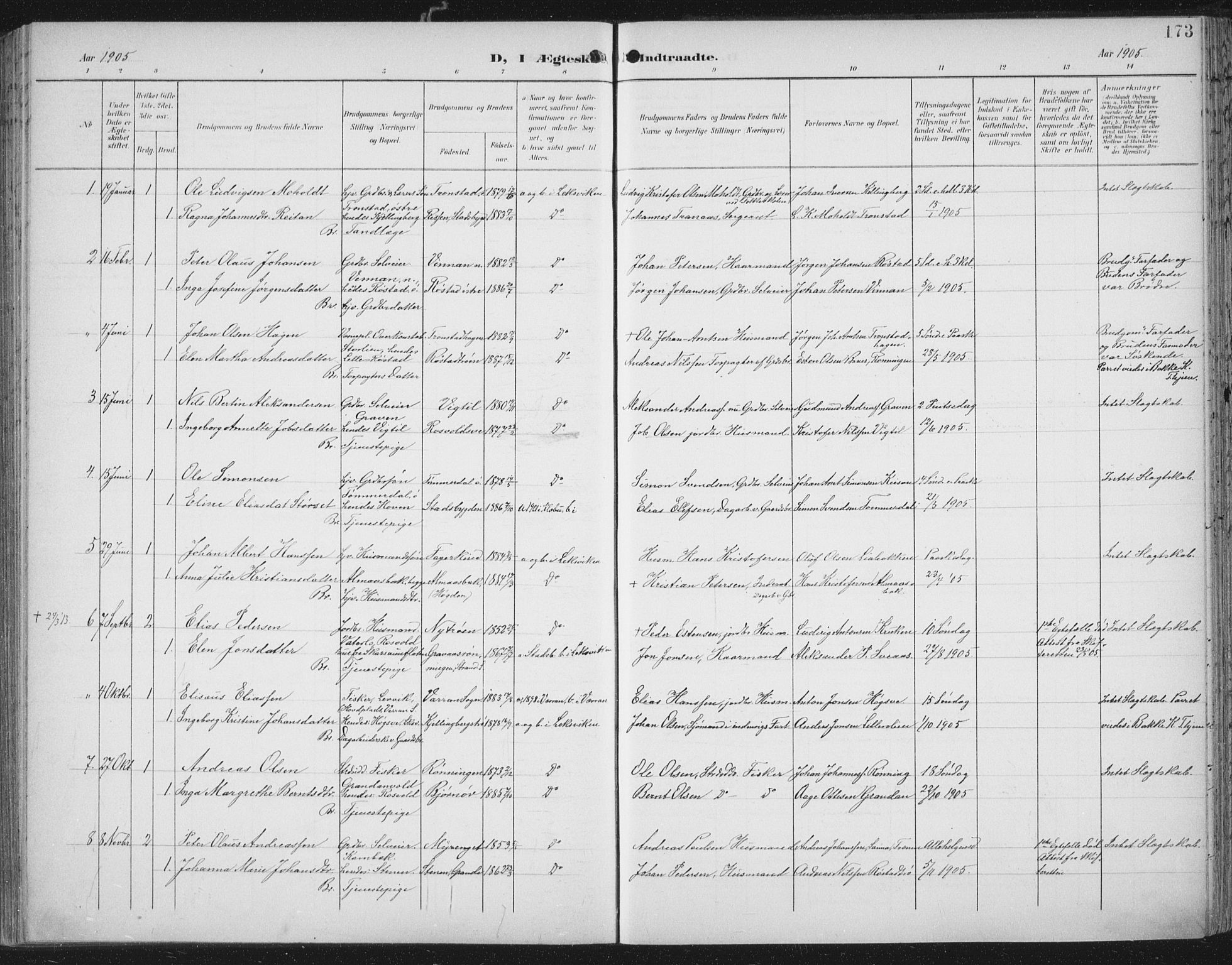 Ministerialprotokoller, klokkerbøker og fødselsregistre - Nord-Trøndelag, AV/SAT-A-1458/701/L0011: Ministerialbok nr. 701A11, 1899-1915, s. 173