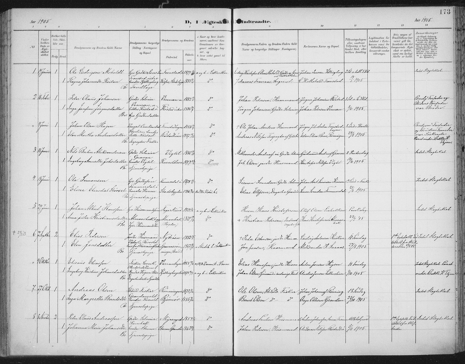 Ministerialprotokoller, klokkerbøker og fødselsregistre - Nord-Trøndelag, SAT/A-1458/701/L0011: Ministerialbok nr. 701A11, 1899-1915, s. 173