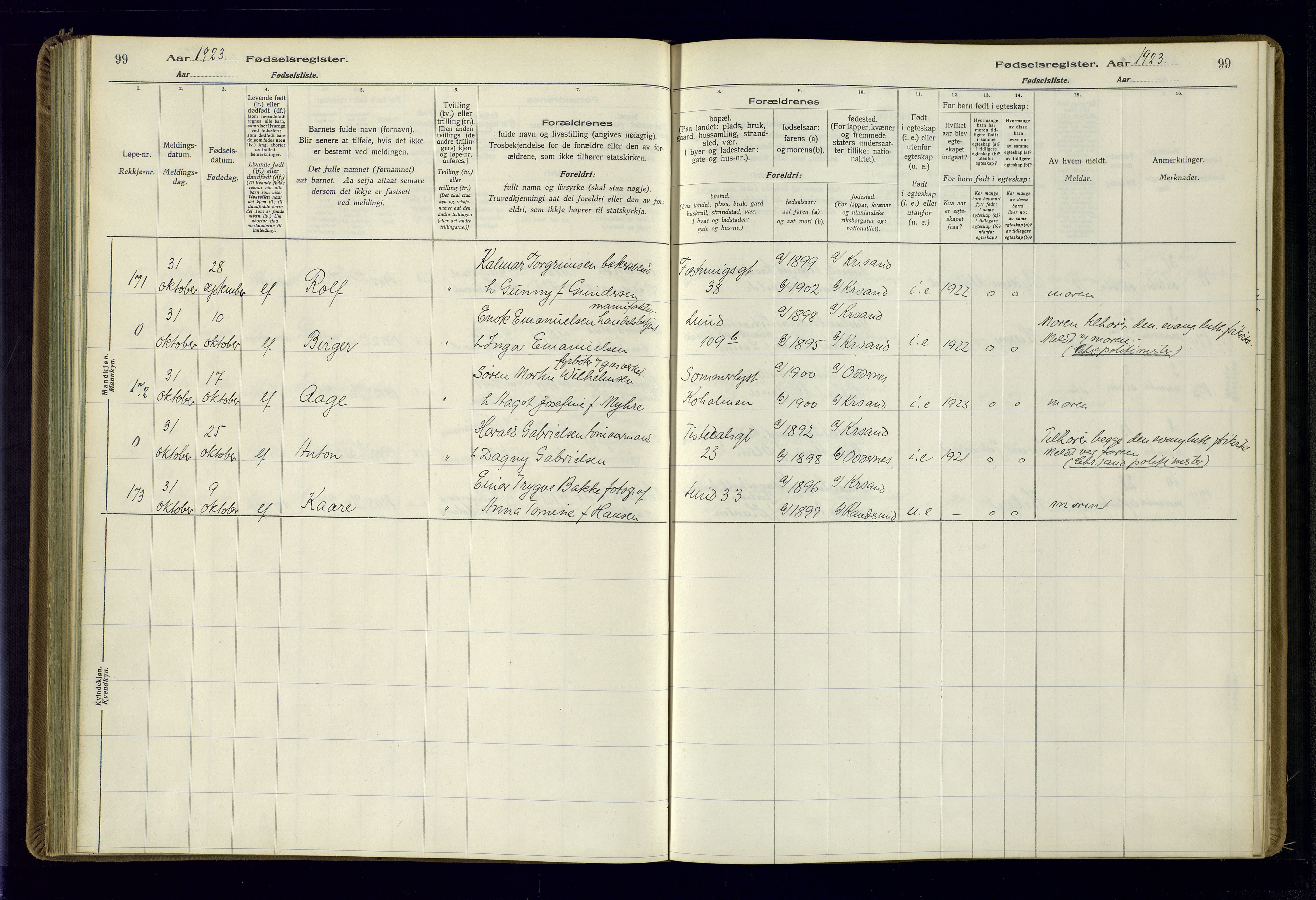 Kristiansand domprosti, AV/SAK-1112-0006/J/Jc/L0002: Fødselsregister nr. A-VI-46, 1921-1926, s. 99