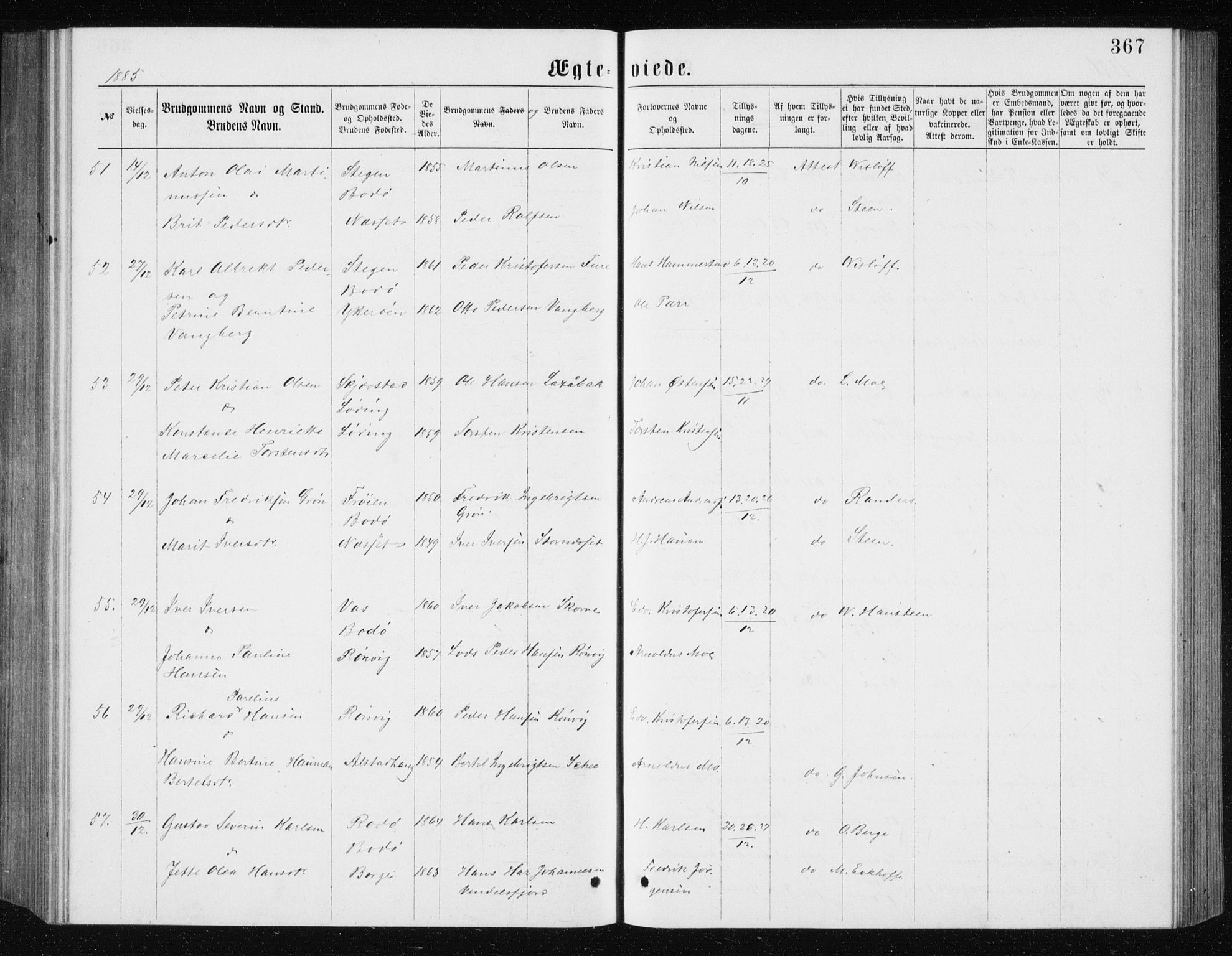 Ministerialprotokoller, klokkerbøker og fødselsregistre - Nordland, AV/SAT-A-1459/801/L0031: Klokkerbok nr. 801C06, 1883-1887, s. 367