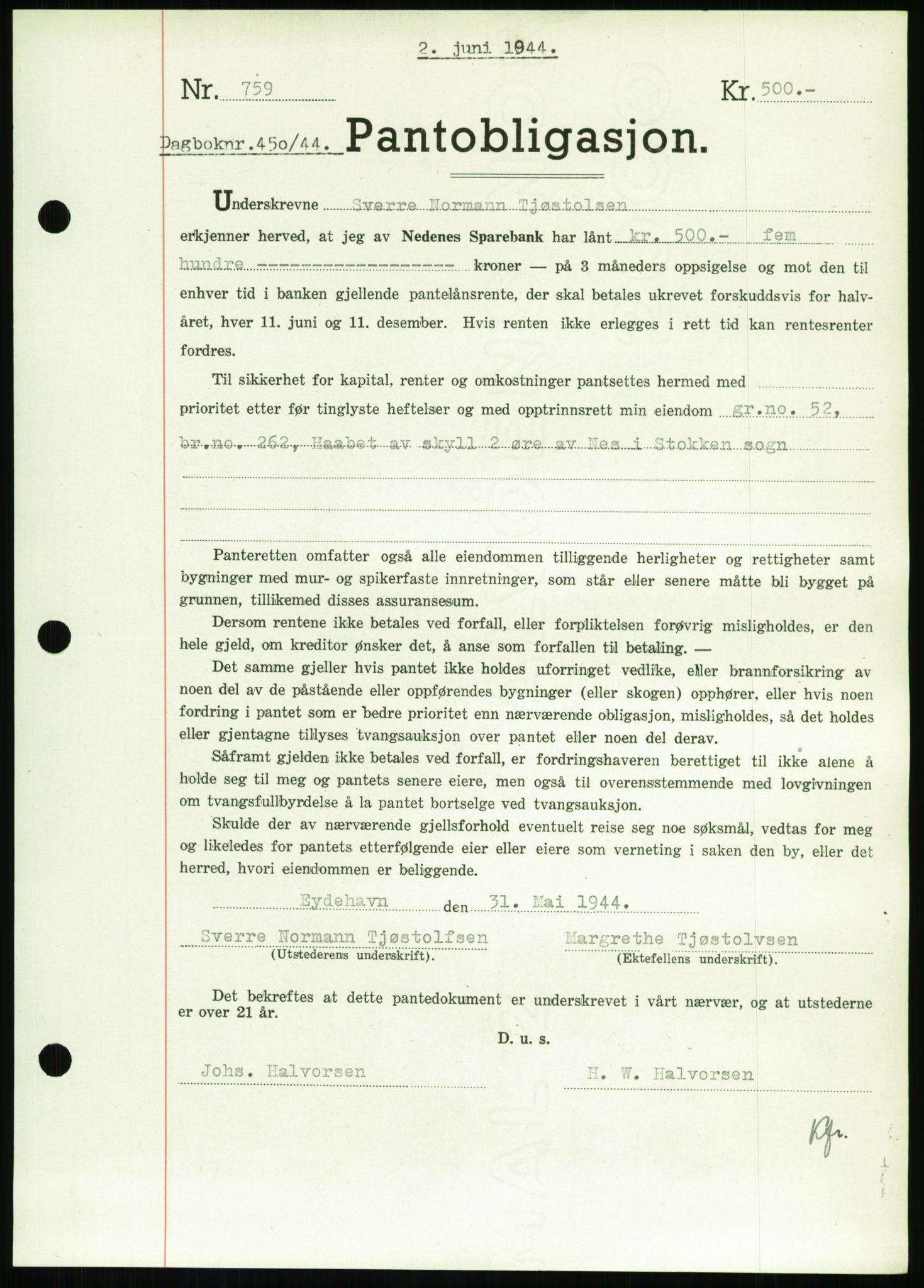 Nedenes sorenskriveri, SAK/1221-0006/G/Gb/Gbb/L0002: Pantebok nr. II, 1942-1945, Dagboknr: 450/1944