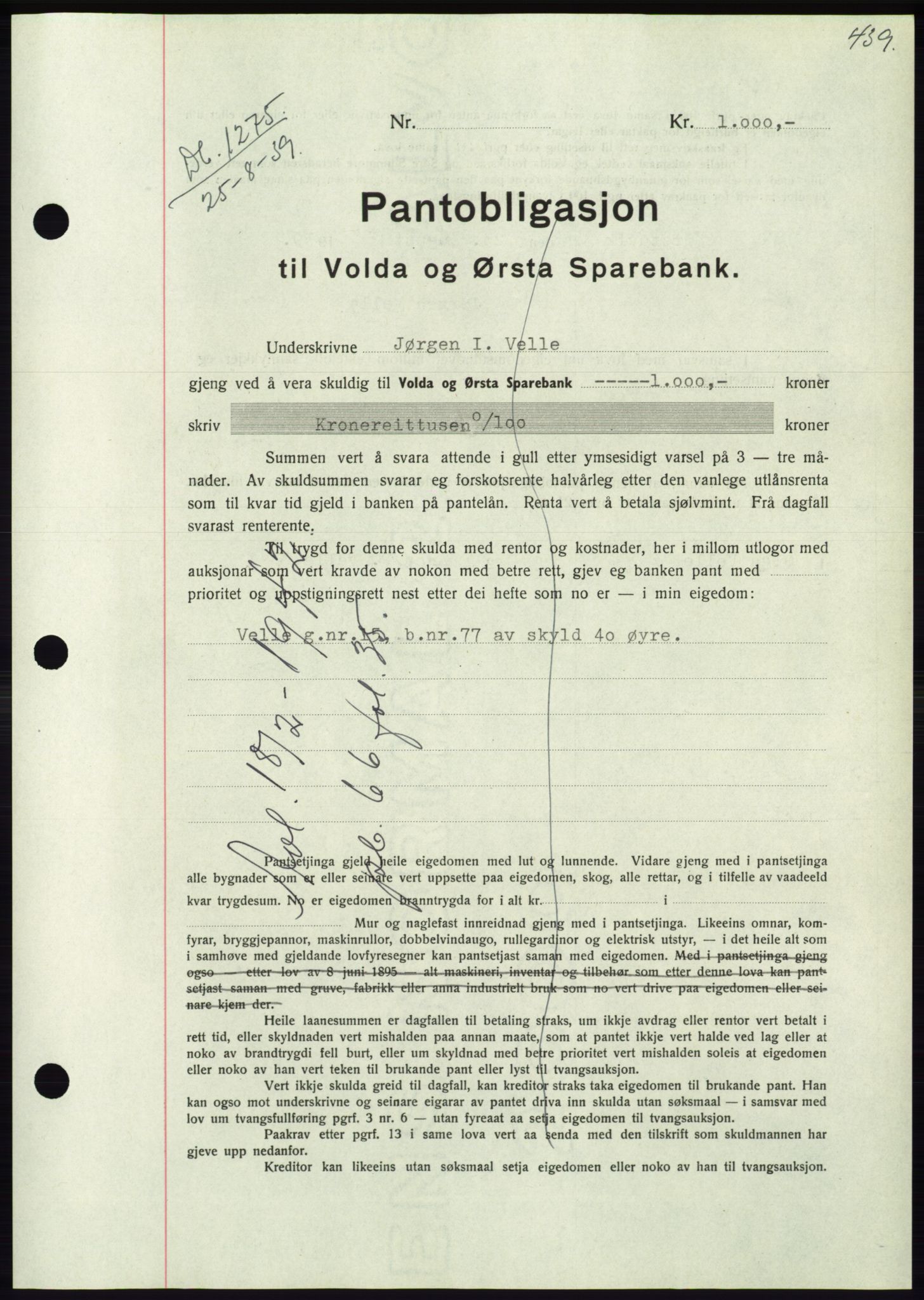 Søre Sunnmøre sorenskriveri, AV/SAT-A-4122/1/2/2C/L0068: Pantebok nr. 62, 1939-1939, Dagboknr: 1275/1939