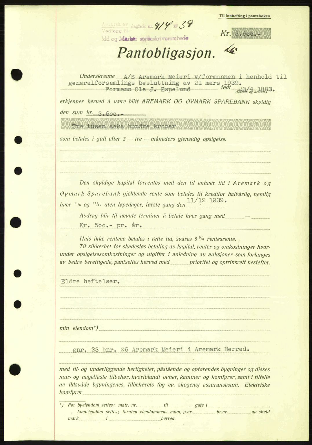 Idd og Marker sorenskriveri, AV/SAO-A-10283/G/Gb/Gbc/L0002: Pantebok nr. B4-9a, 1939-1945, Dagboknr: 914/1939