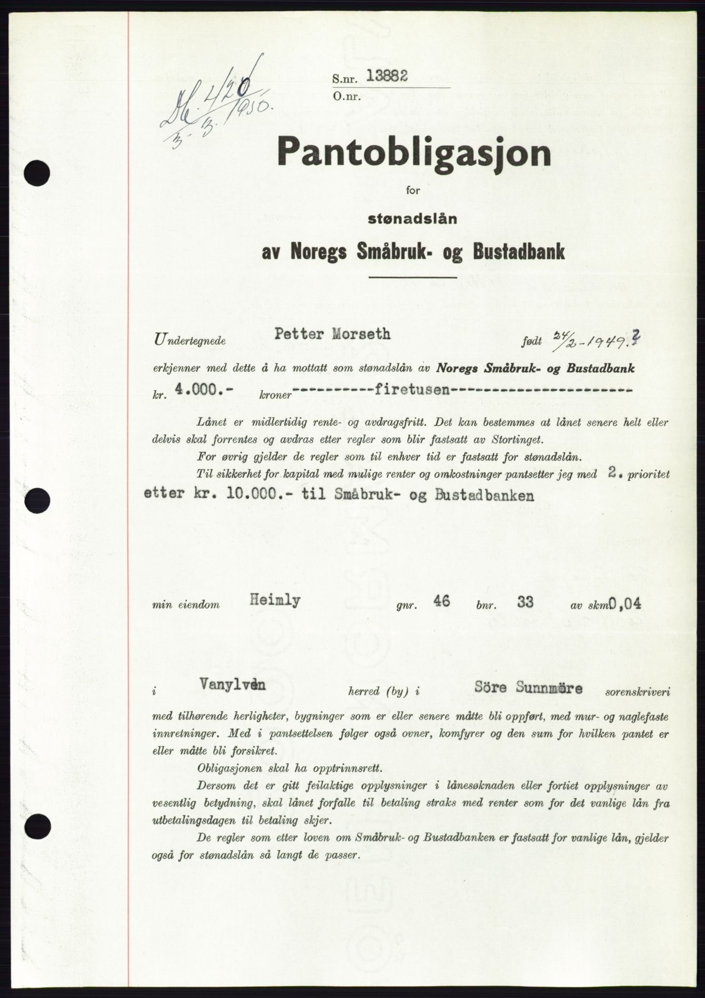 Søre Sunnmøre sorenskriveri, SAT/A-4122/1/2/2C/L0118: Pantebok nr. 6B, 1949-1950, Dagboknr: 420/1950