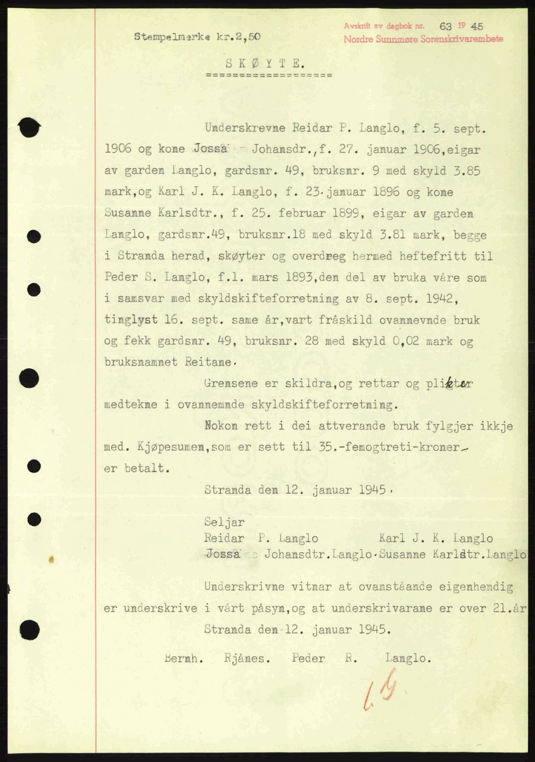 Nordre Sunnmøre sorenskriveri, SAT/A-0006/1/2/2C/2Ca: Pantebok nr. A19, 1944-1945, Dagboknr: 63/1945