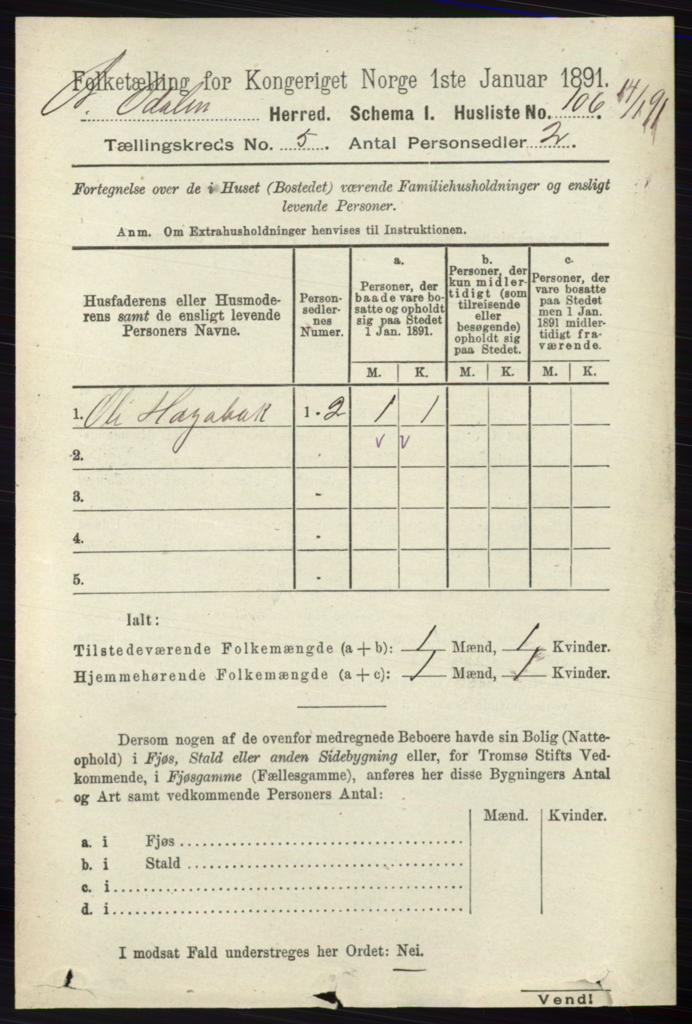 RA, Folketelling 1891 for 0418 Nord-Odal herred, 1891, s. 1547