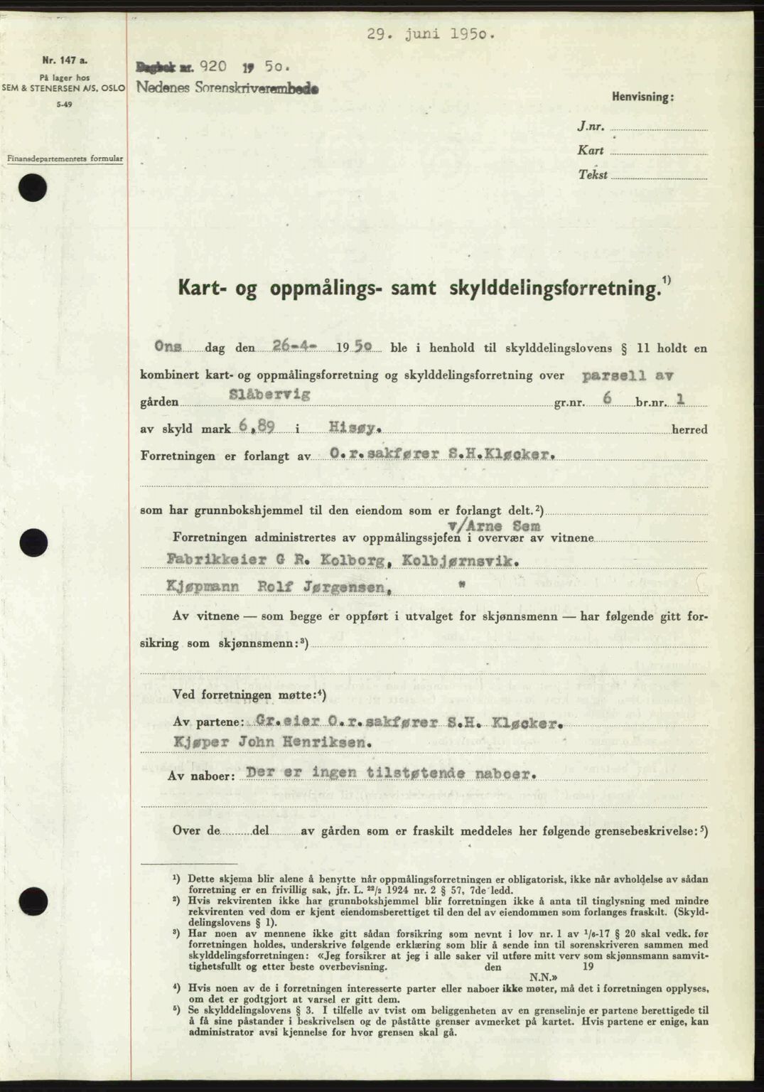 Nedenes sorenskriveri, SAK/1221-0006/G/Gb/Gba/L0062: Pantebok nr. A14, 1949-1950, Dagboknr: 920/1950