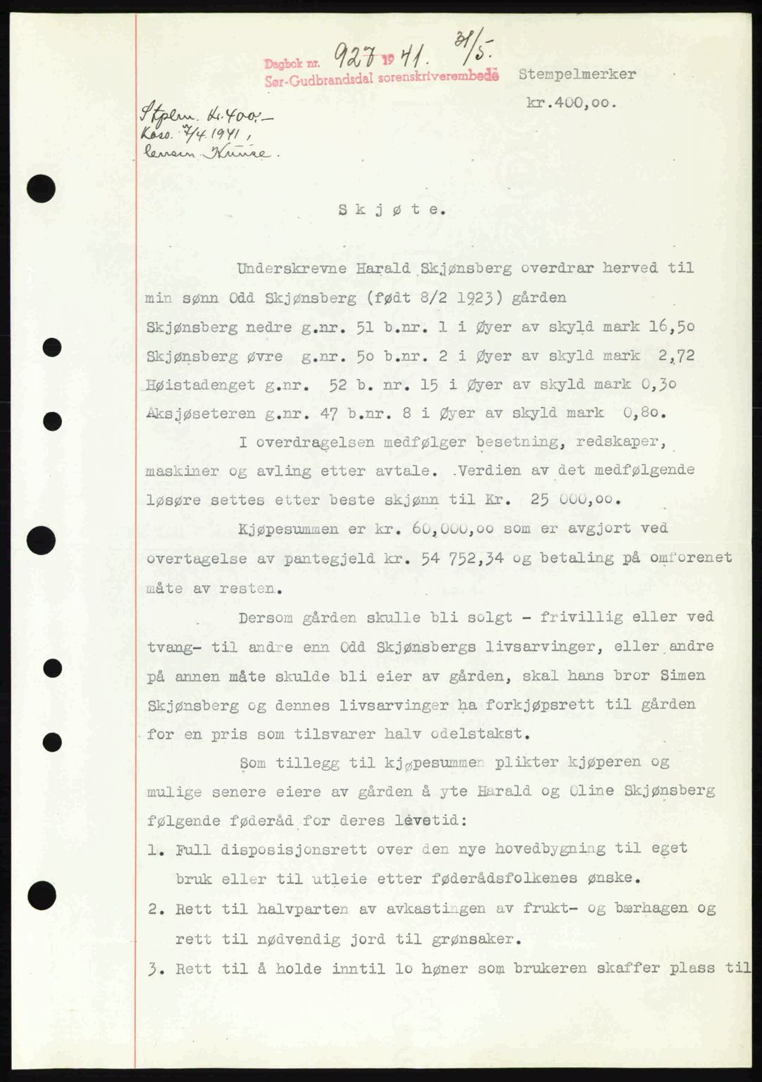 Sør-Gudbrandsdal tingrett, SAH/TING-004/H/Hb/Hbd/L0009: Pantebok nr. A9, 1941-1941, Dagboknr: 927/1941